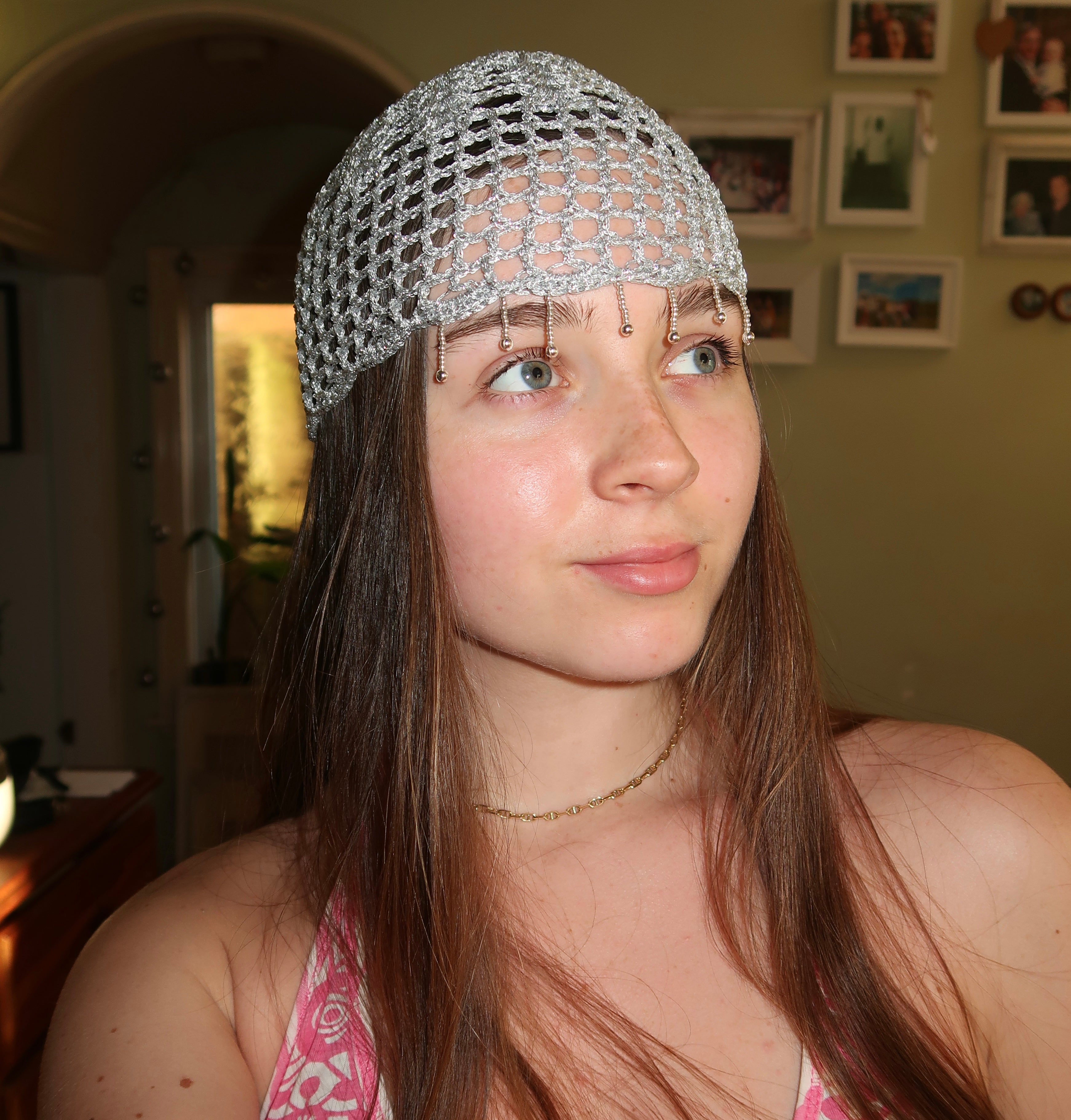 Silver sparkly beaded mesh hat