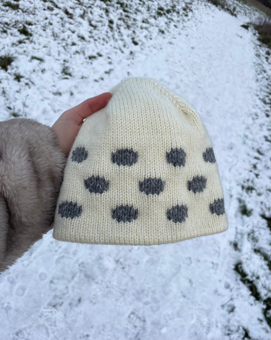 Cream and dark grey polka dot beanie