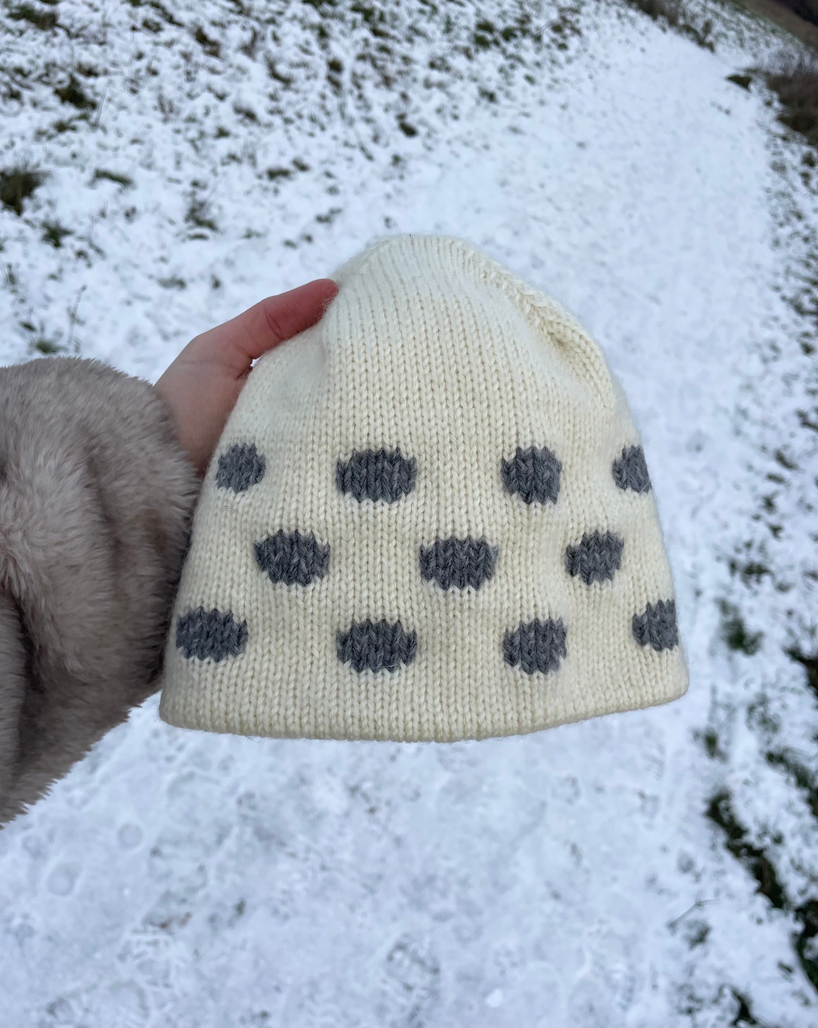Cream and dark grey polka dot beanie