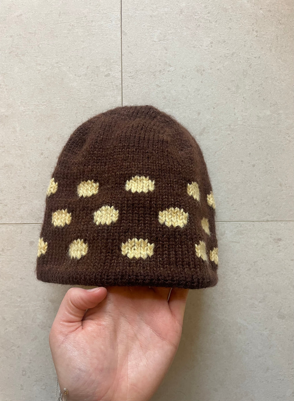 Brown and yellow polka dot beanie