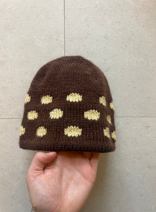Brown and yellow polka dot beanie