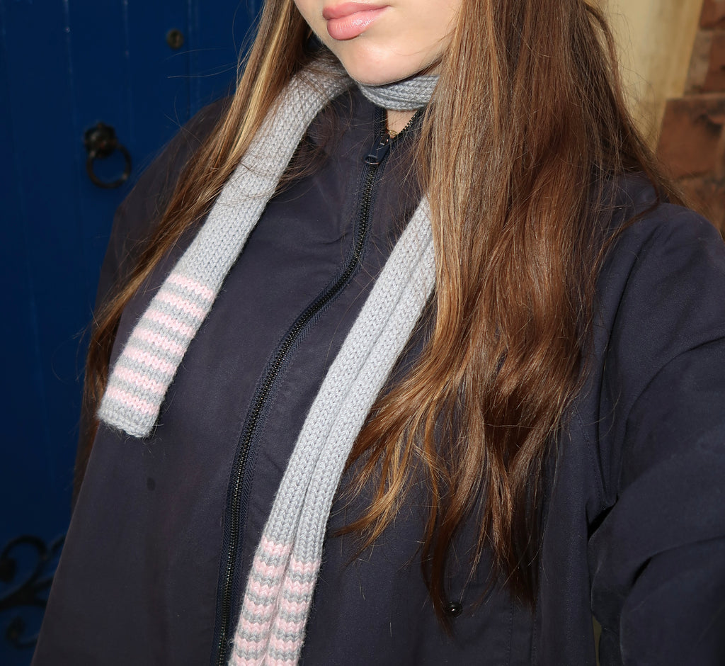 Grey and pink striped skinny scarf
