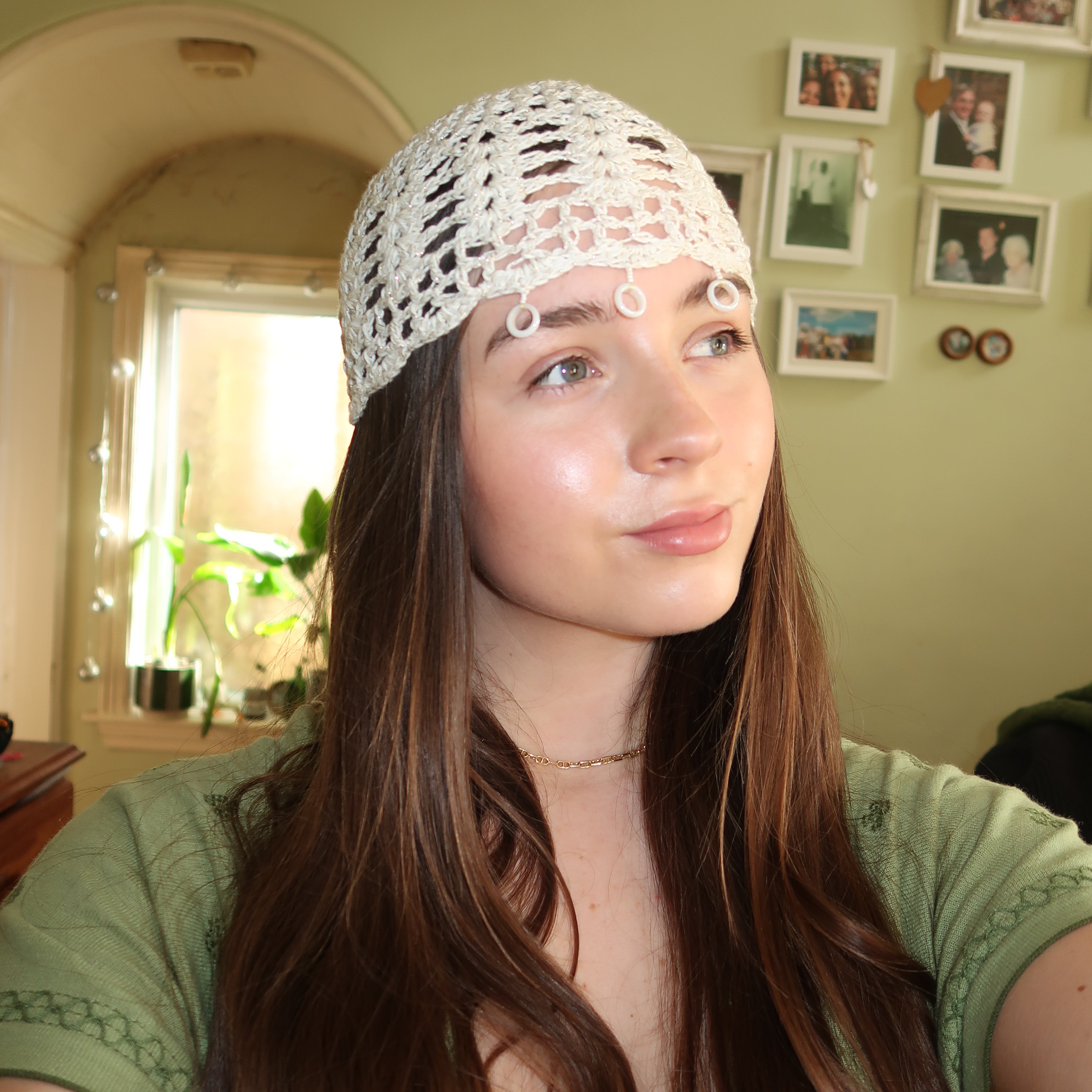 White and gold sparkly beaded crochet mesh hat