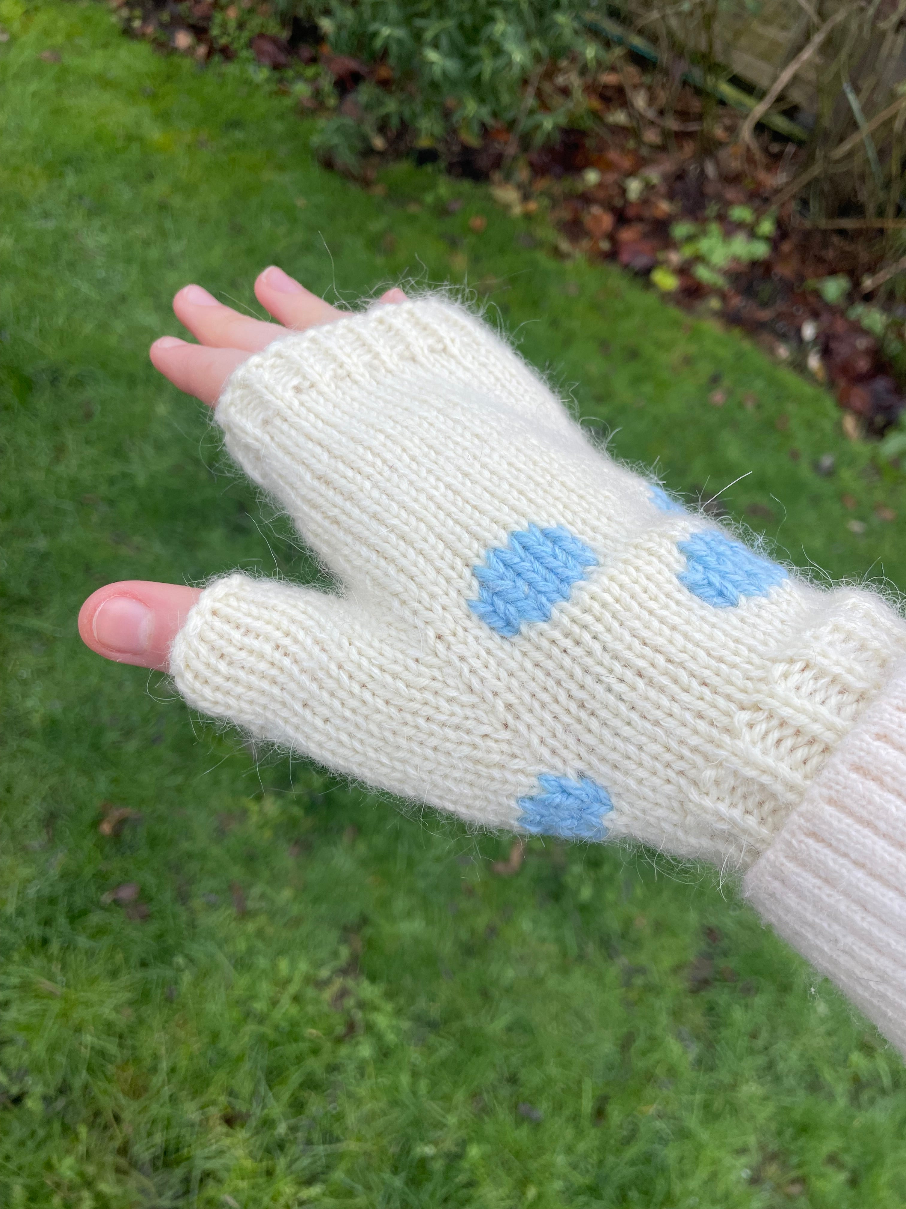 Cream and blue polka dot fingerless gloves
