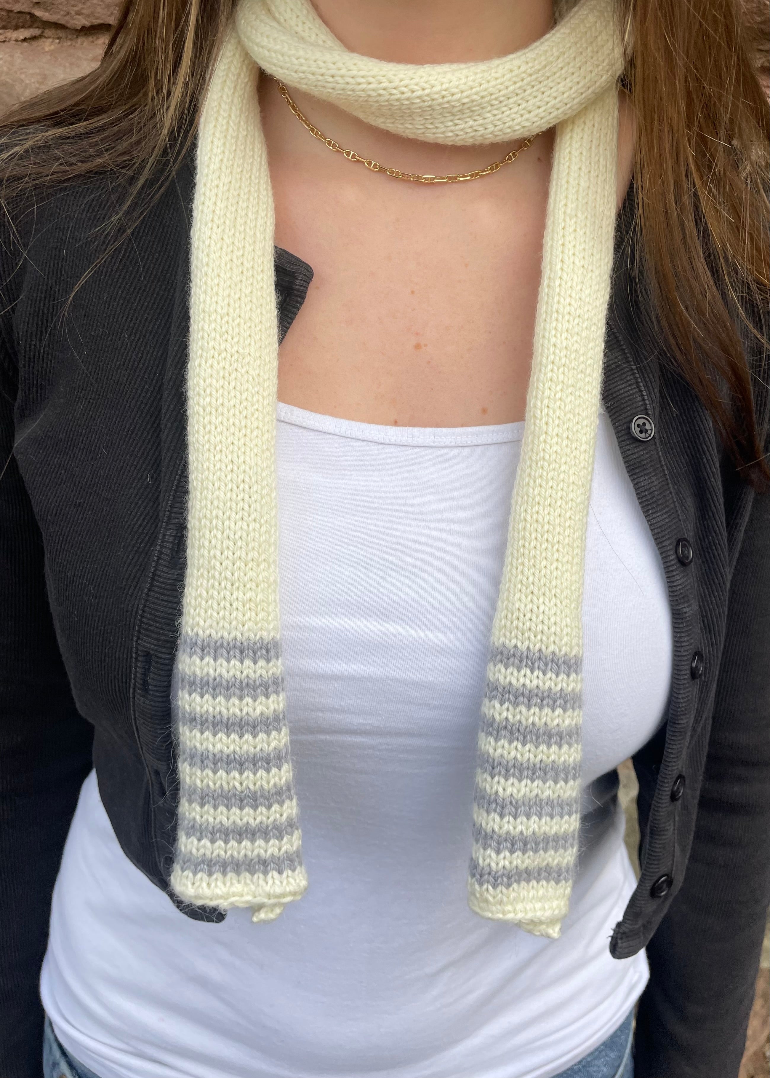 Cream and grey striped skinny scarf