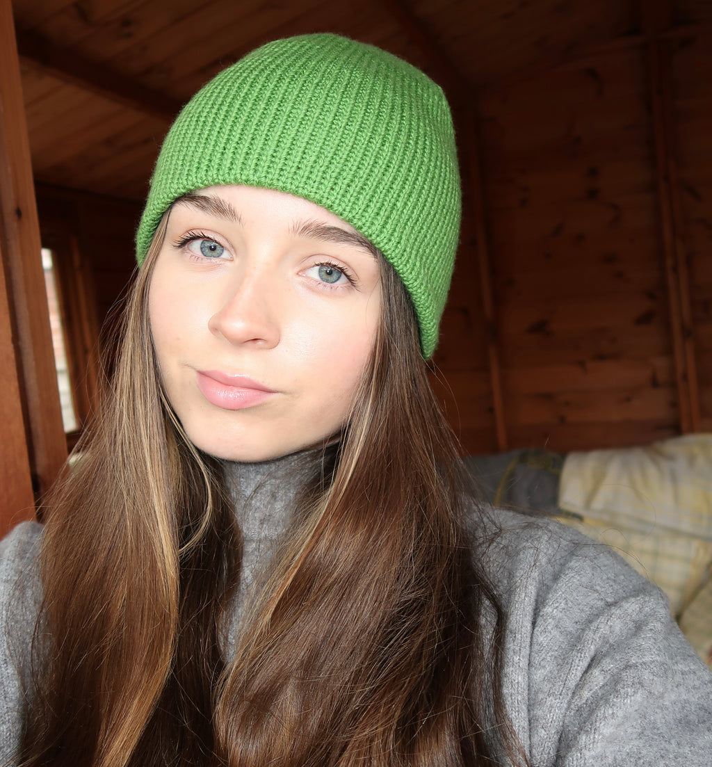Reversible green and brown striped beanie