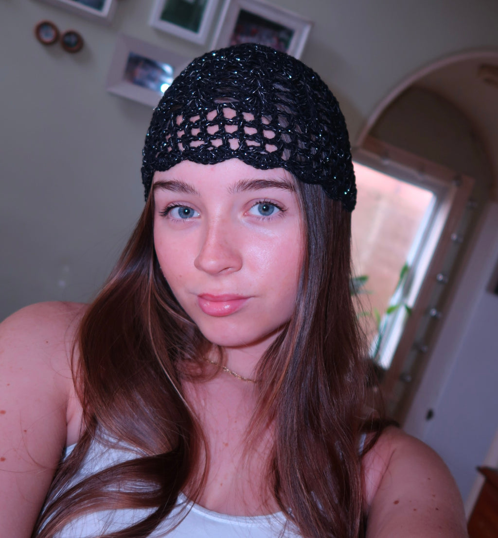 Black/silver sparkly crochet mesh hat