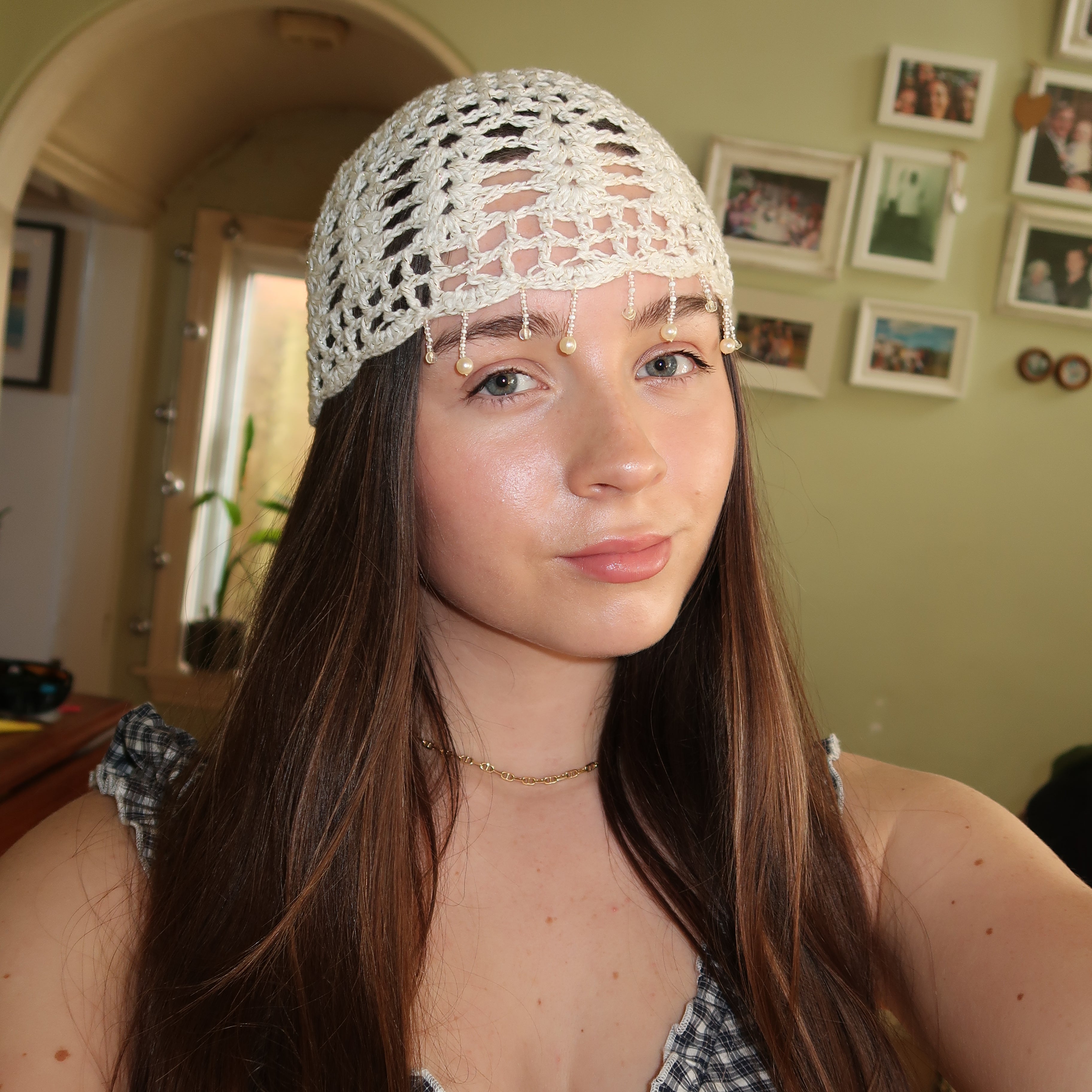 White and gold sparkly beaded crochet mesh hat