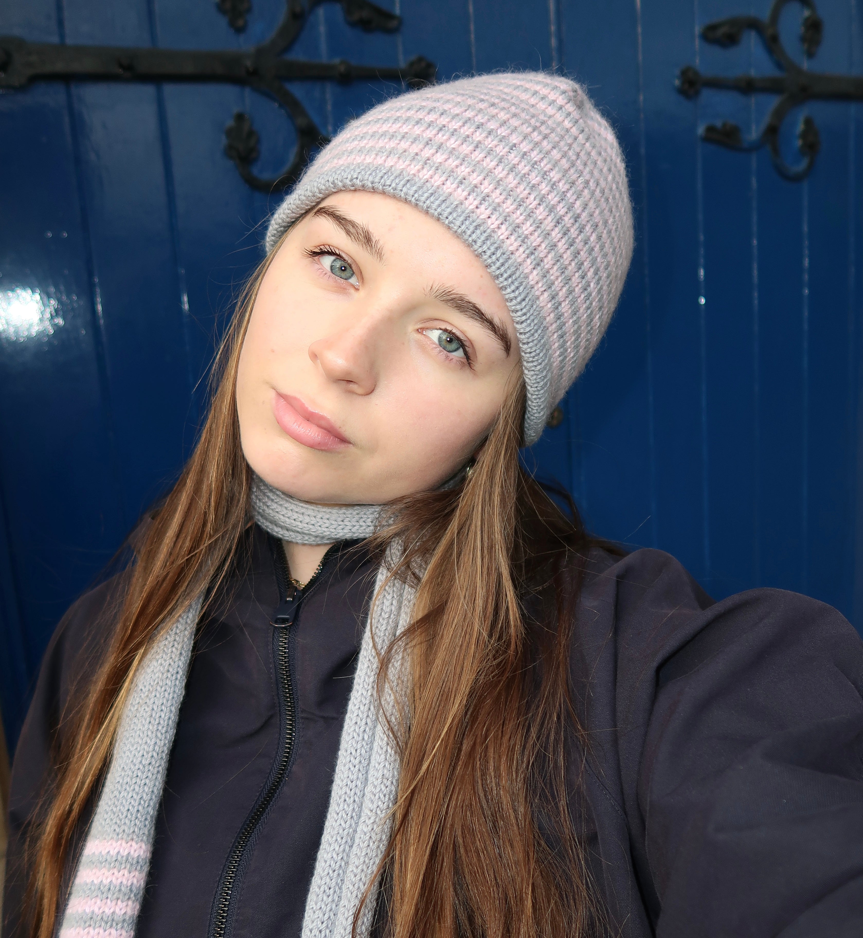 Reversible pink and grey striped beanie