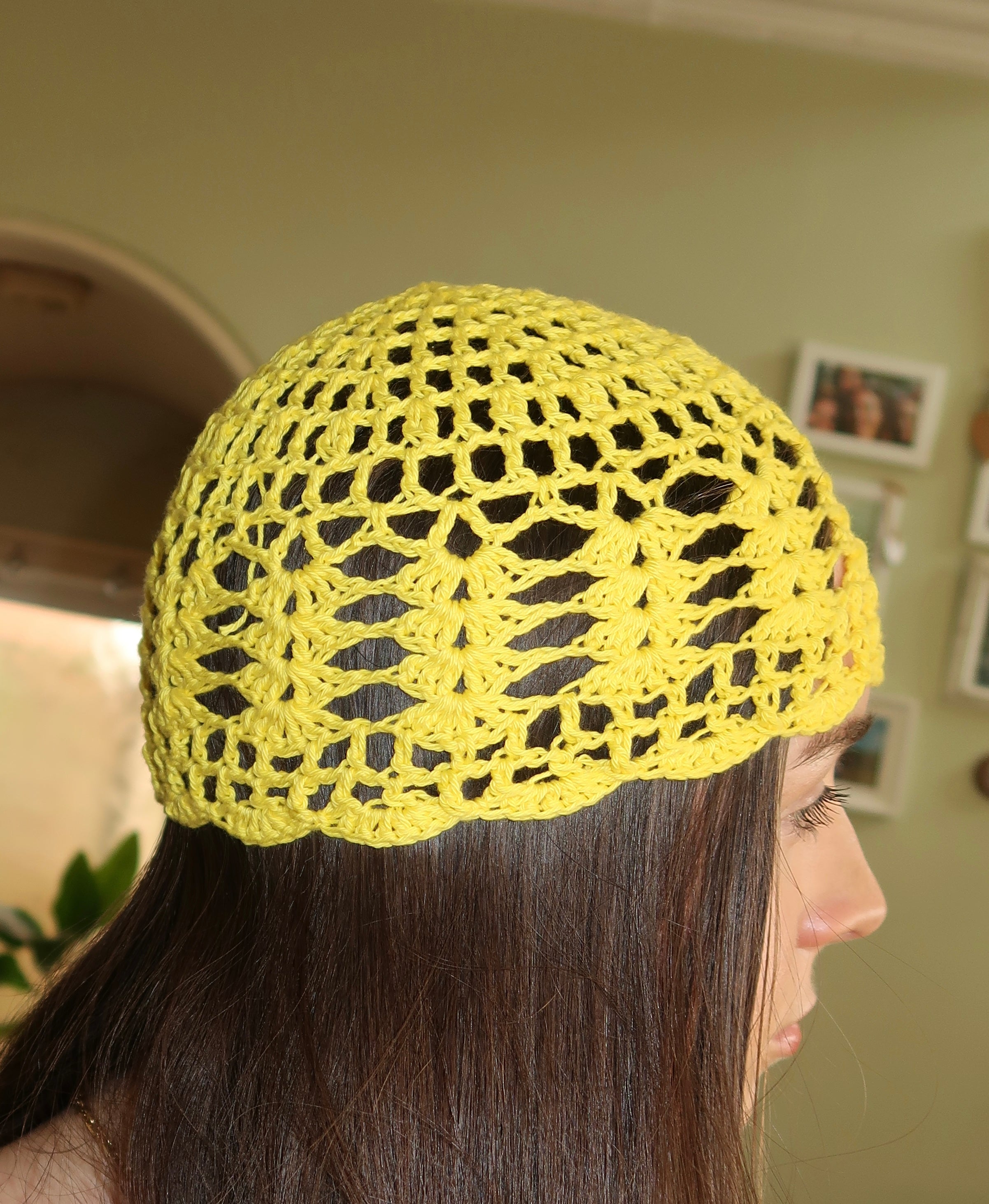 Yellow crocheted mesh hat