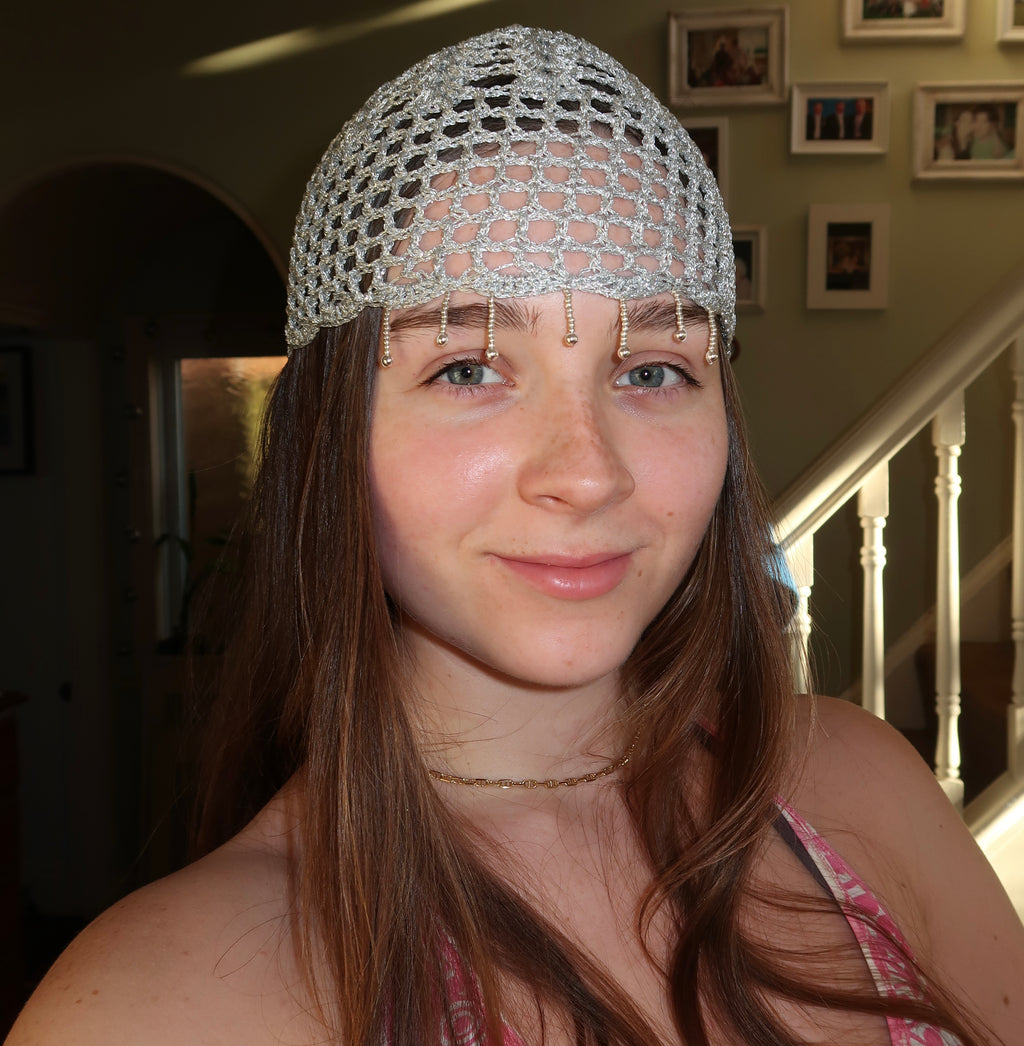 Silver sparkly beaded mesh hat