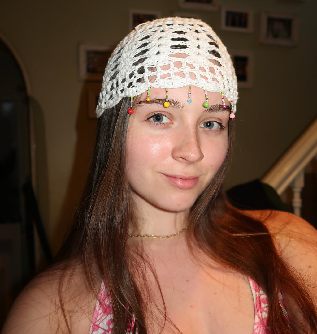 Crochet multicoloured beaded mesh hat