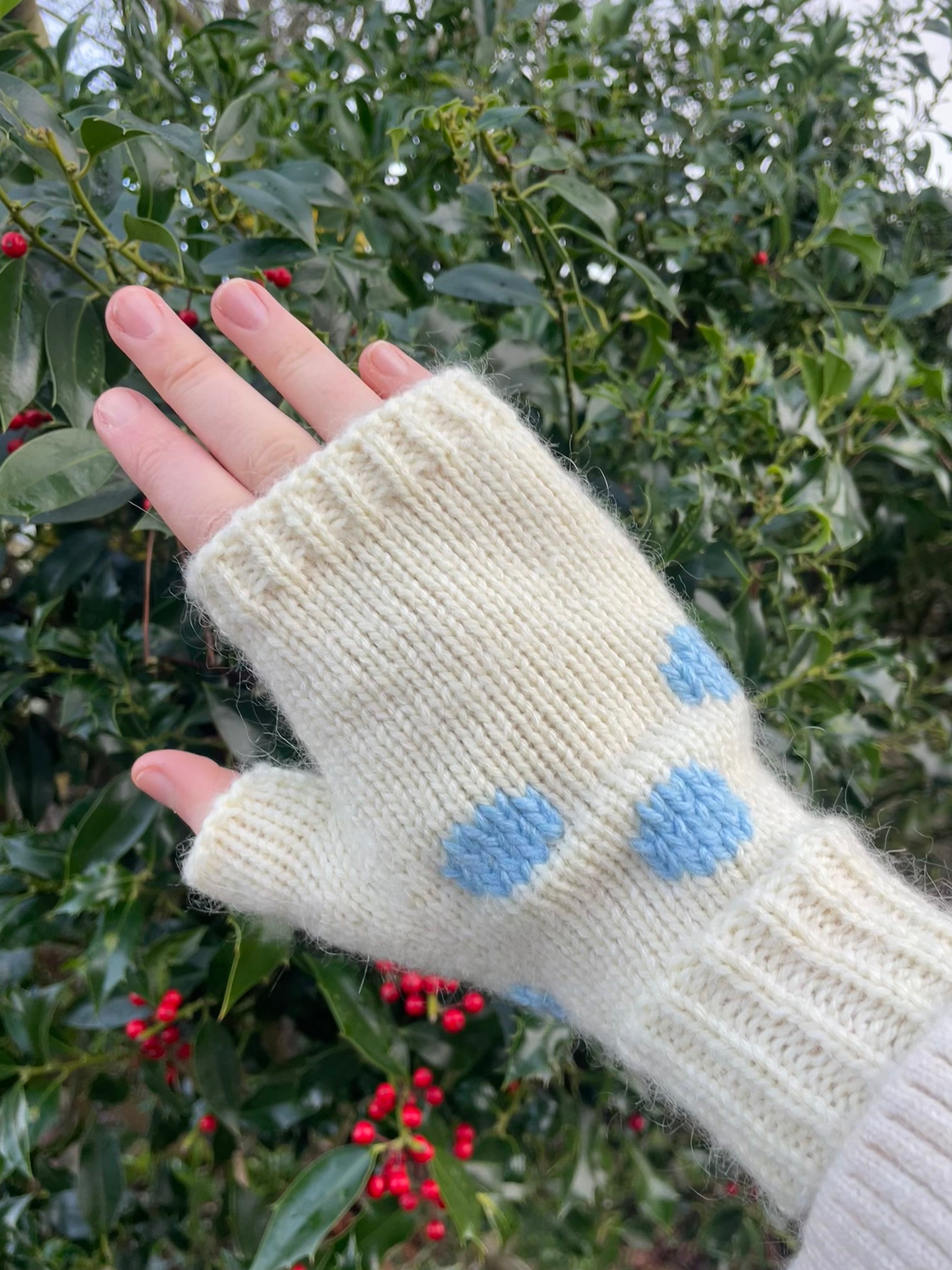 Cream and blue polka dot fingerless gloves