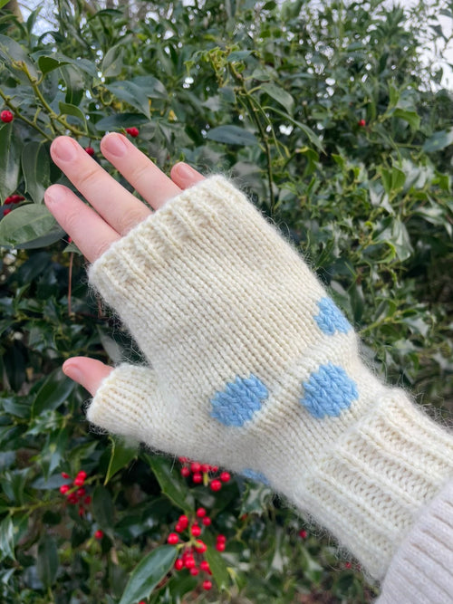 Cream and blue polka dot fingerless gloves