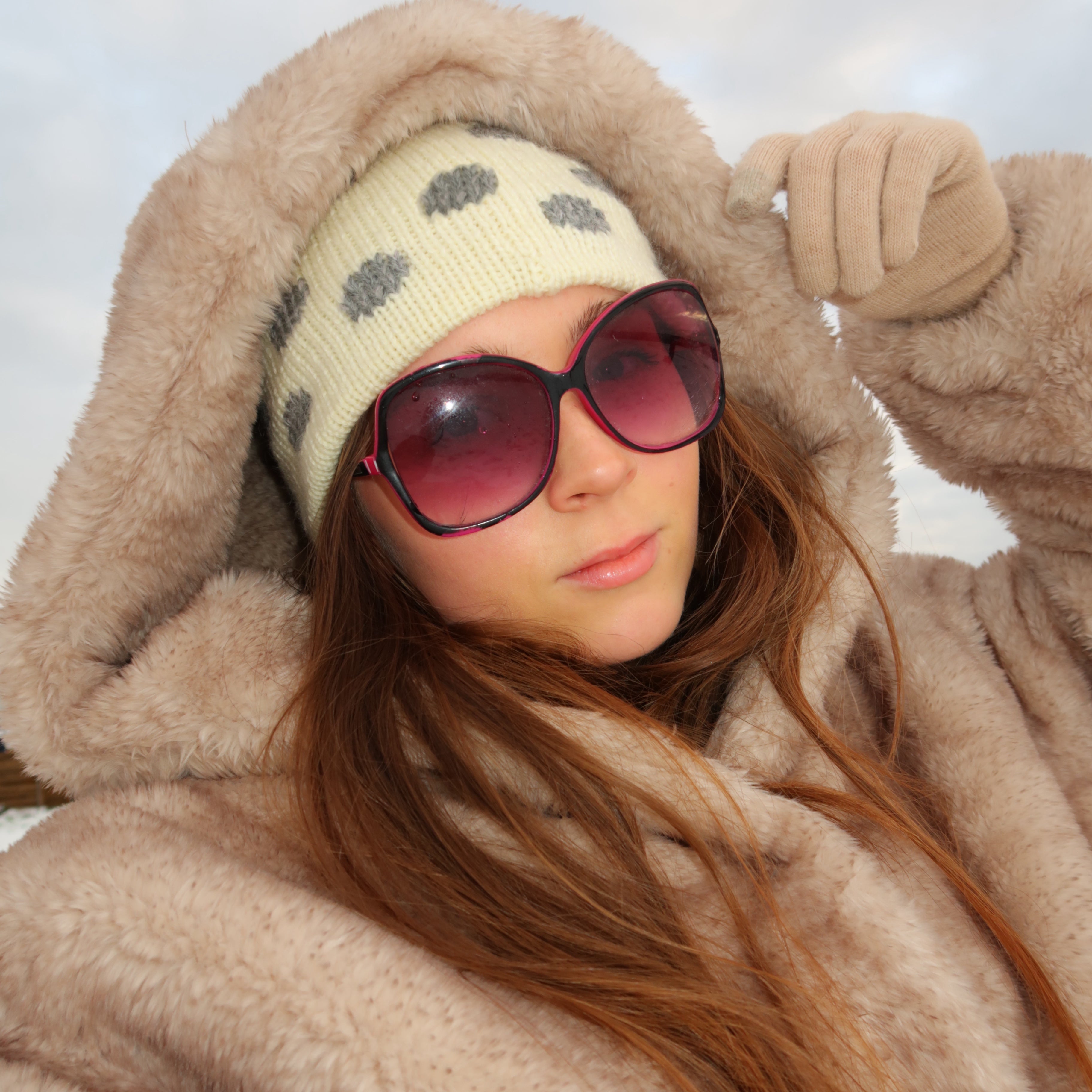 Cream and dark grey polka dot beanie