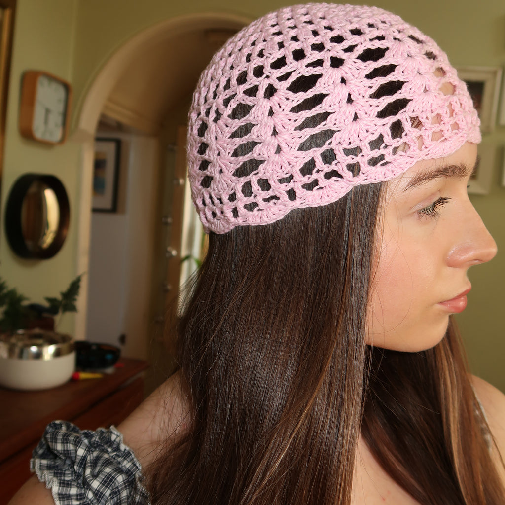 Pink crochet mesh hat