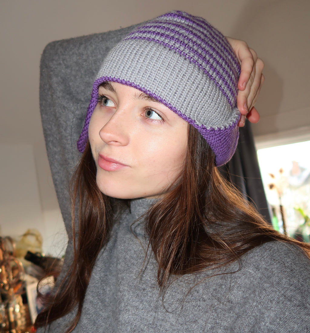 Grey and purple striped earflap beanie