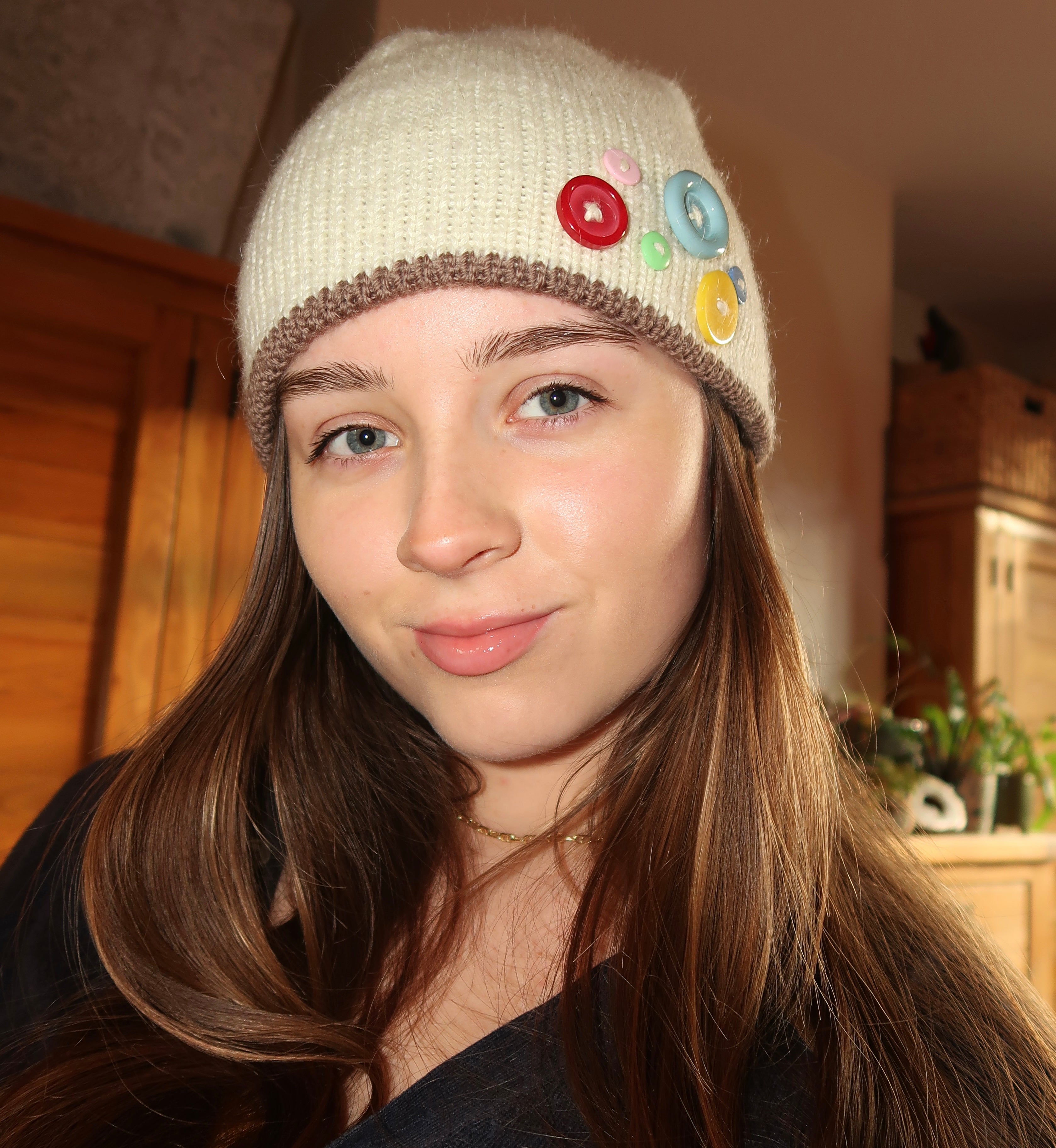 Cream and brown button beanie