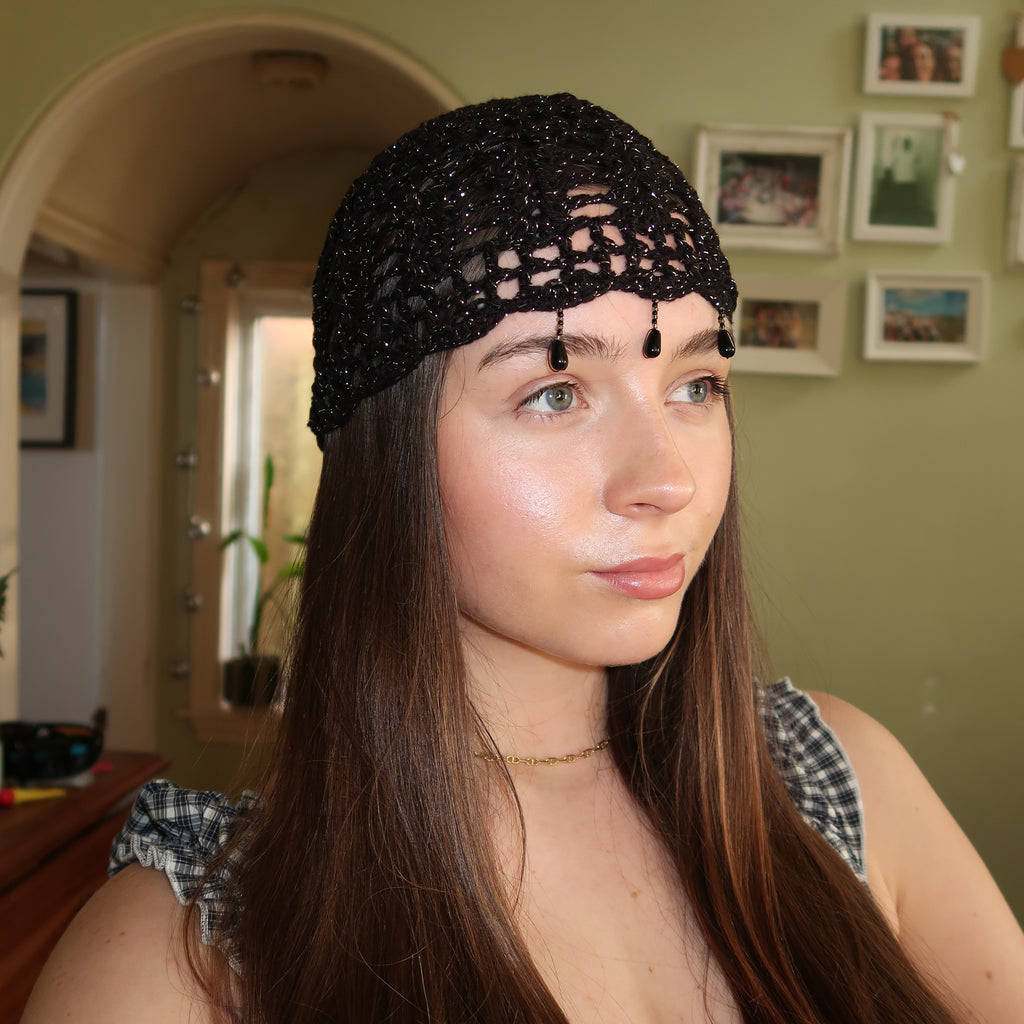 Black and silver sparkly beaded crochet mesh hat