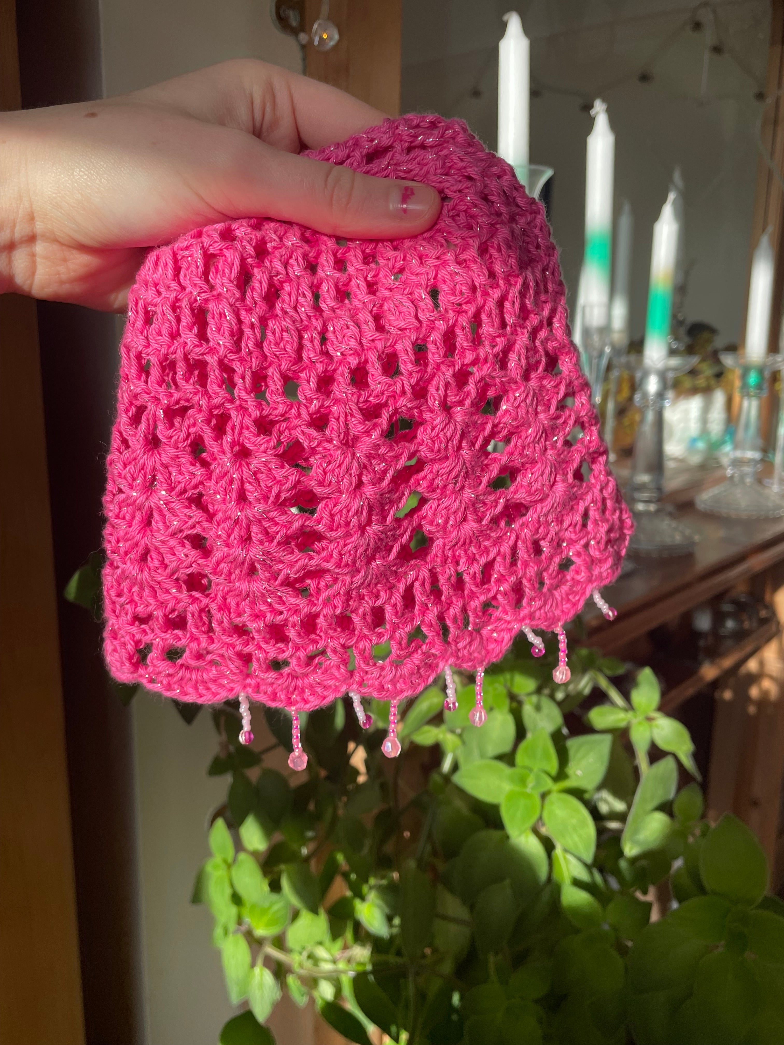 Pink sparkly beaded crochet mesh hat