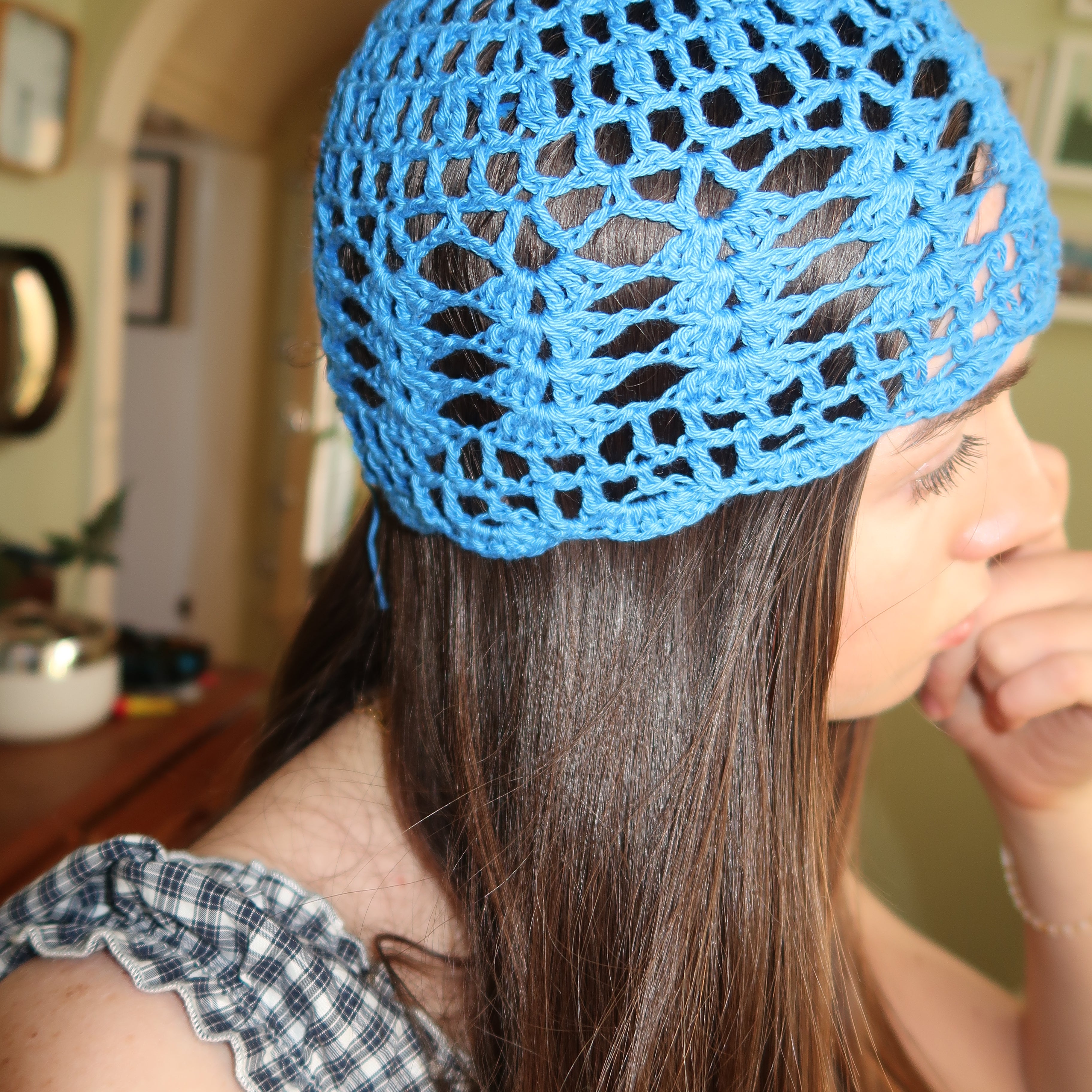 Dark blue crochet mesh hat