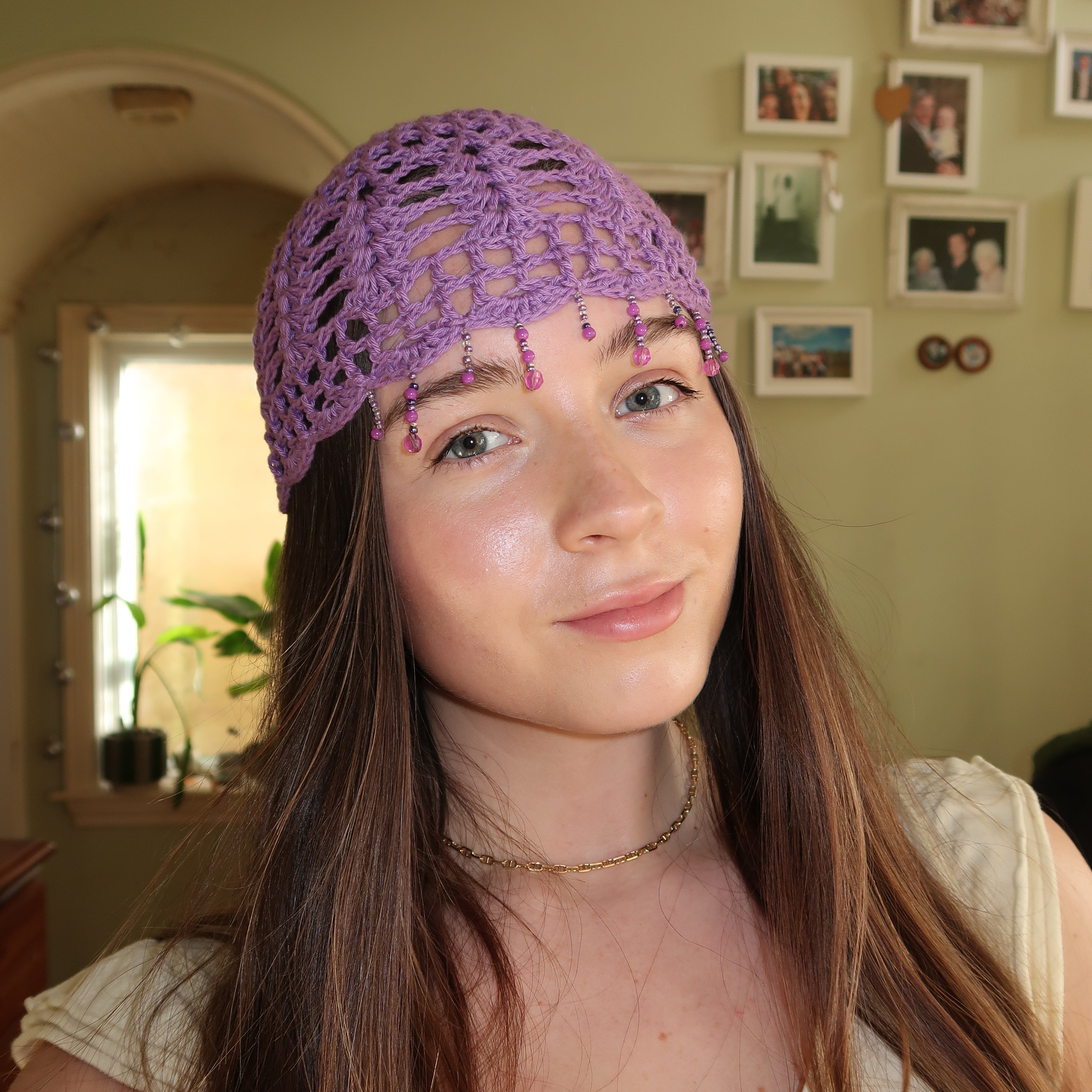 Purple sparkly beaded crochet mesh hat
