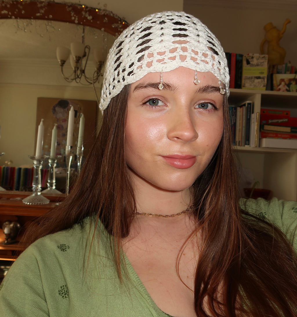White beaded crochet mesh hat