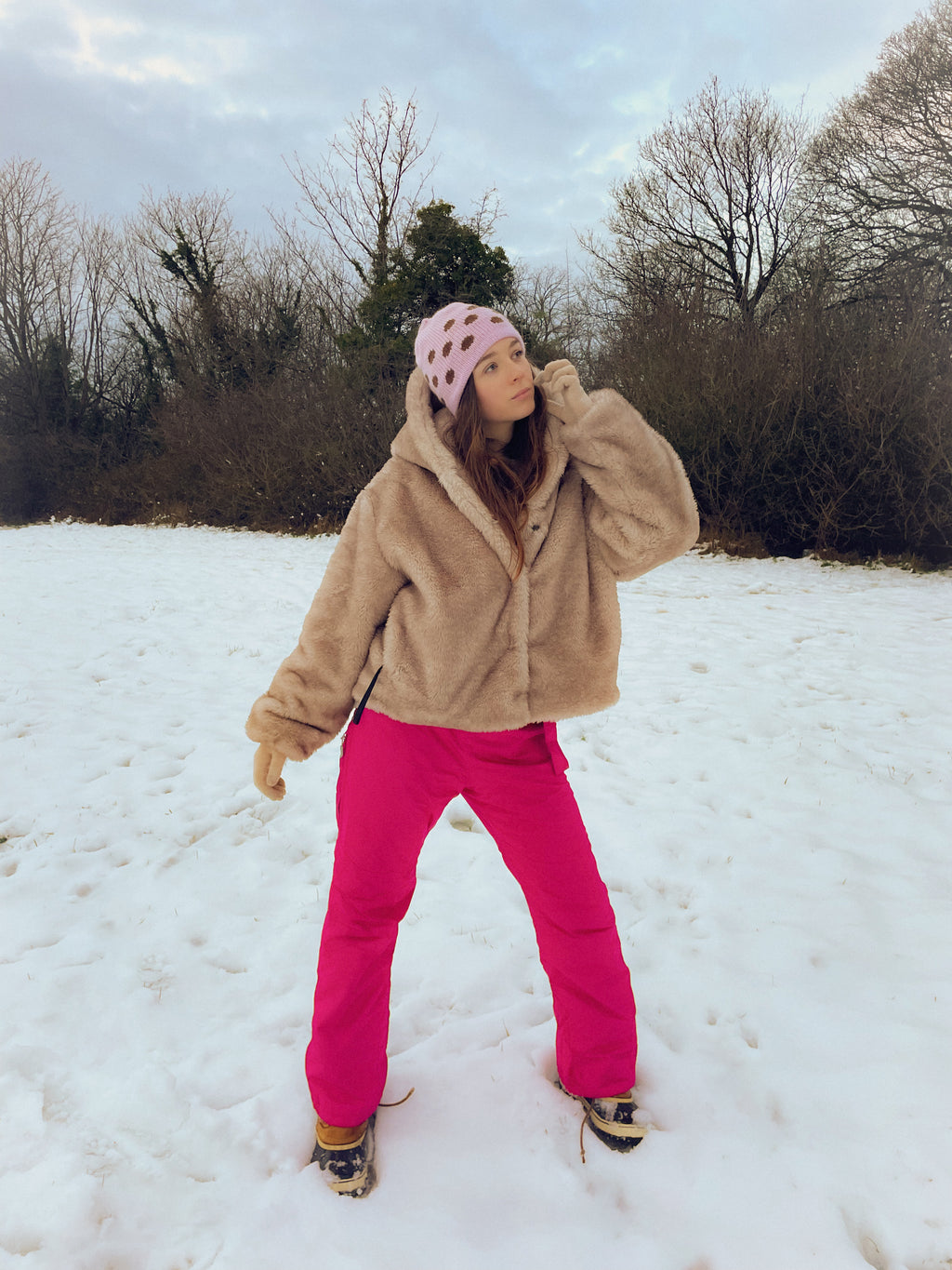 Pink beanie with brown polka dots