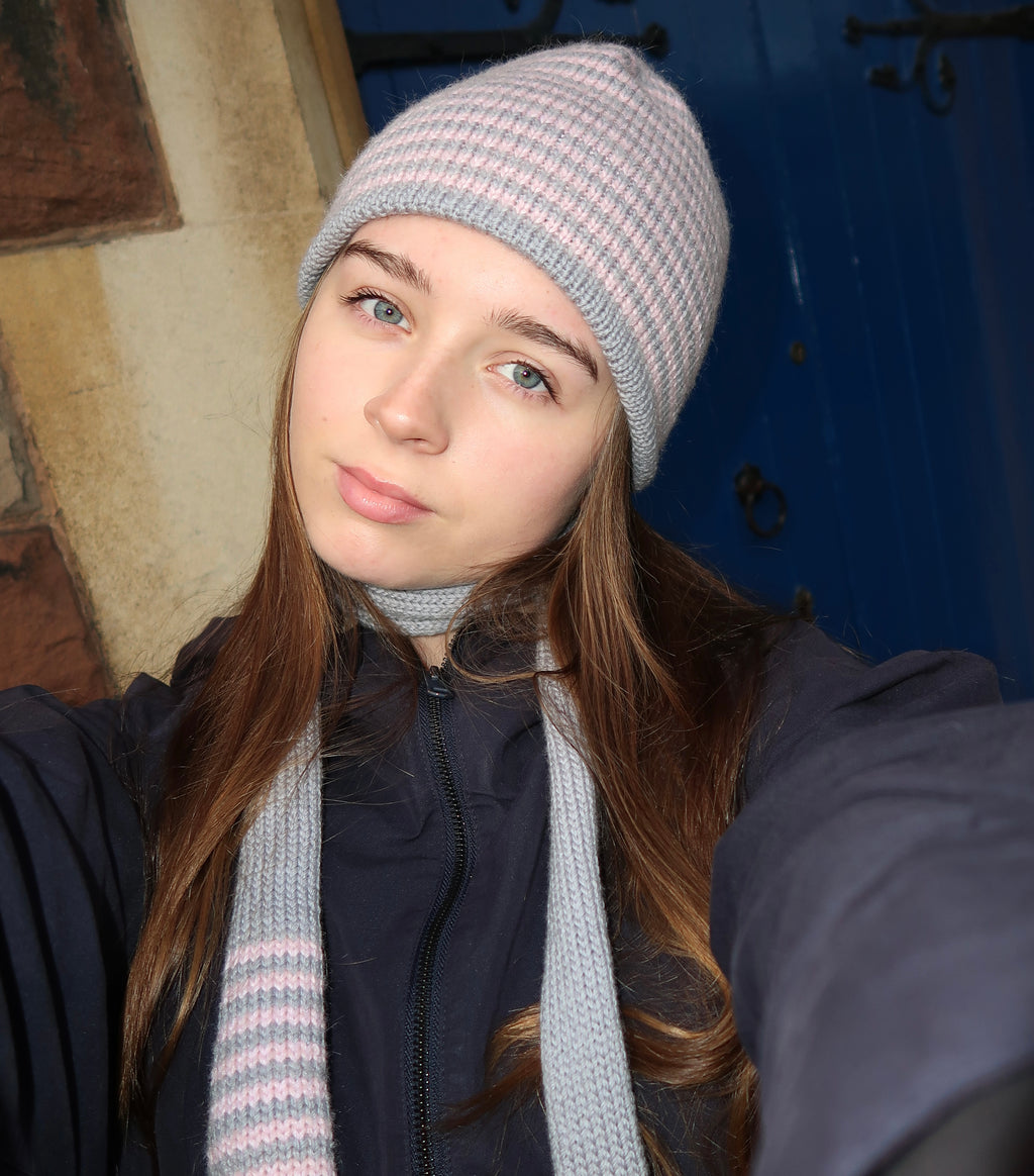 Reversible pink and grey striped beanie