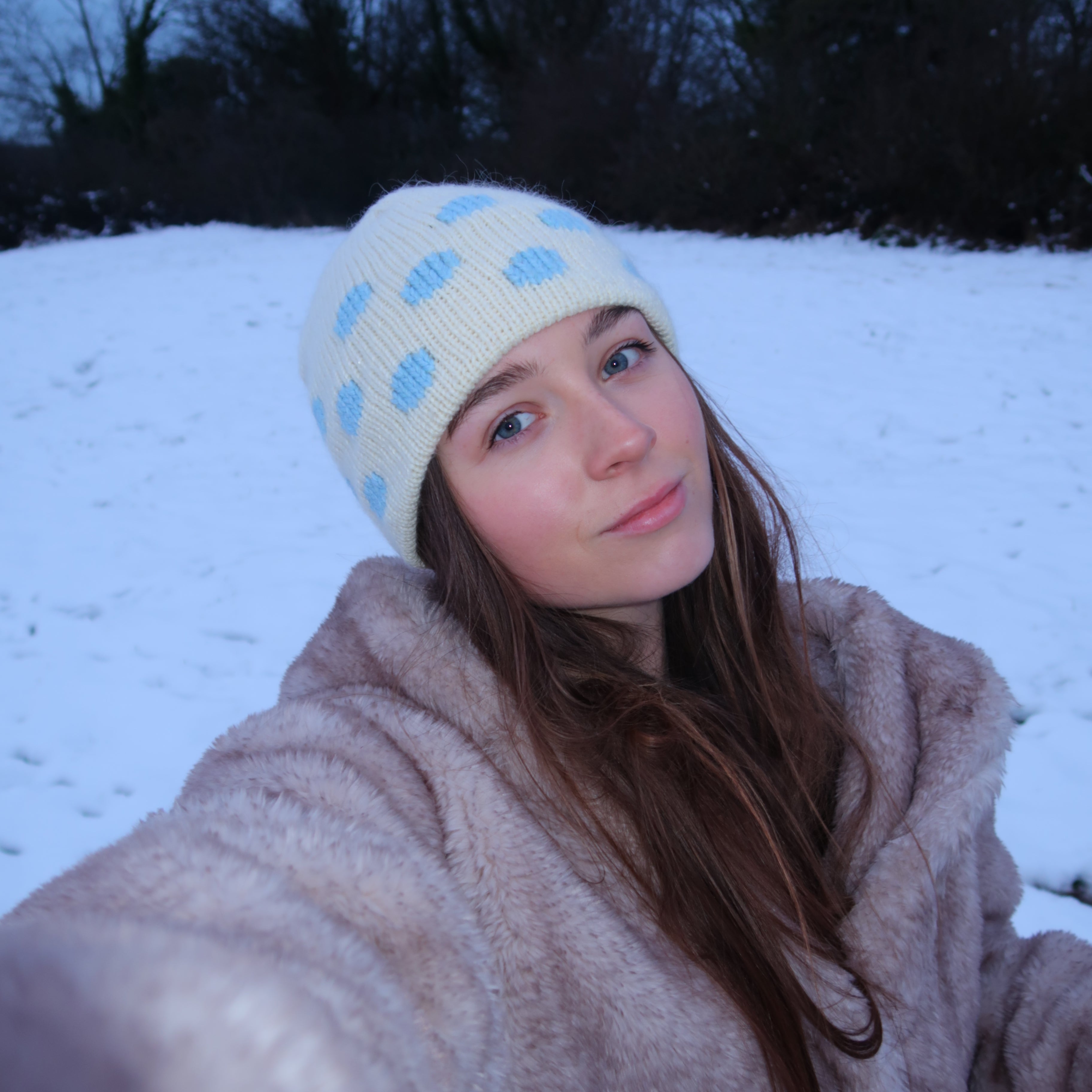 Cream and blue polka dot beanie