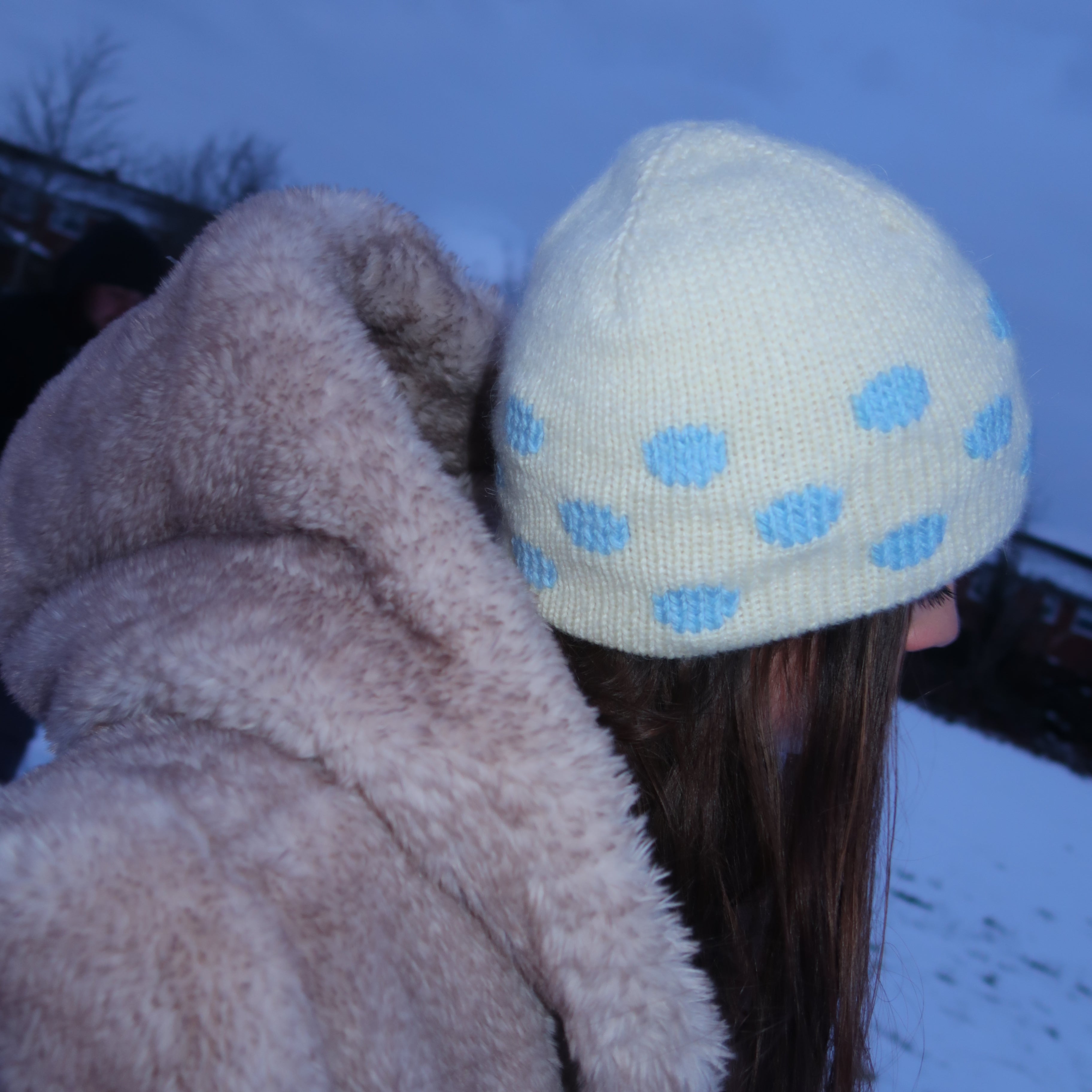 Cream and blue polka dot beanie