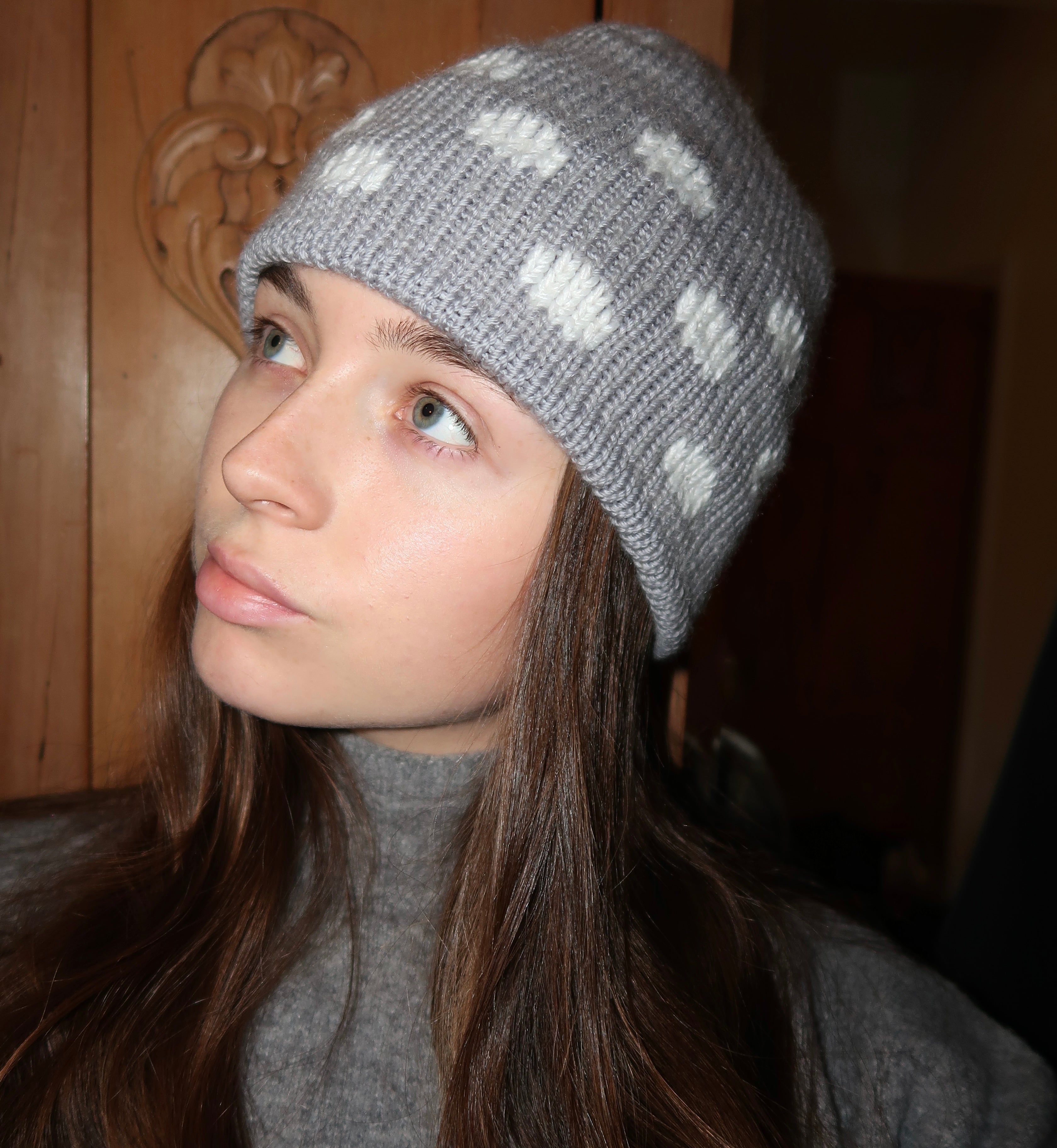 Grey and white polka dot beanie