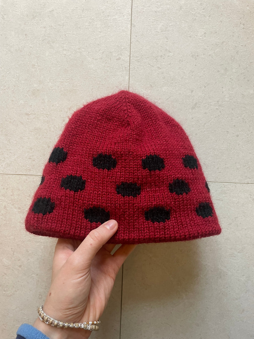 Red and black polka dot beanie