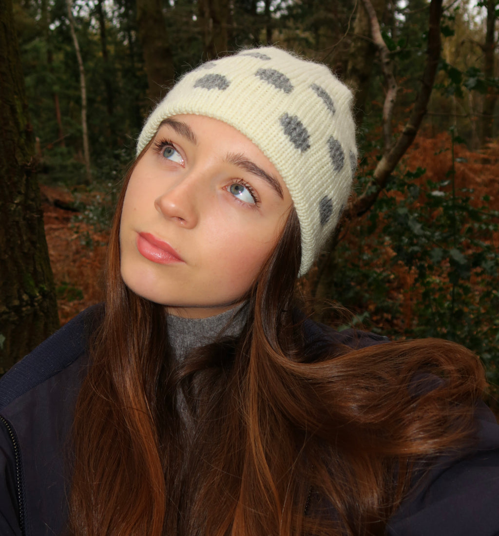 Cream and dark grey polka dot beanie