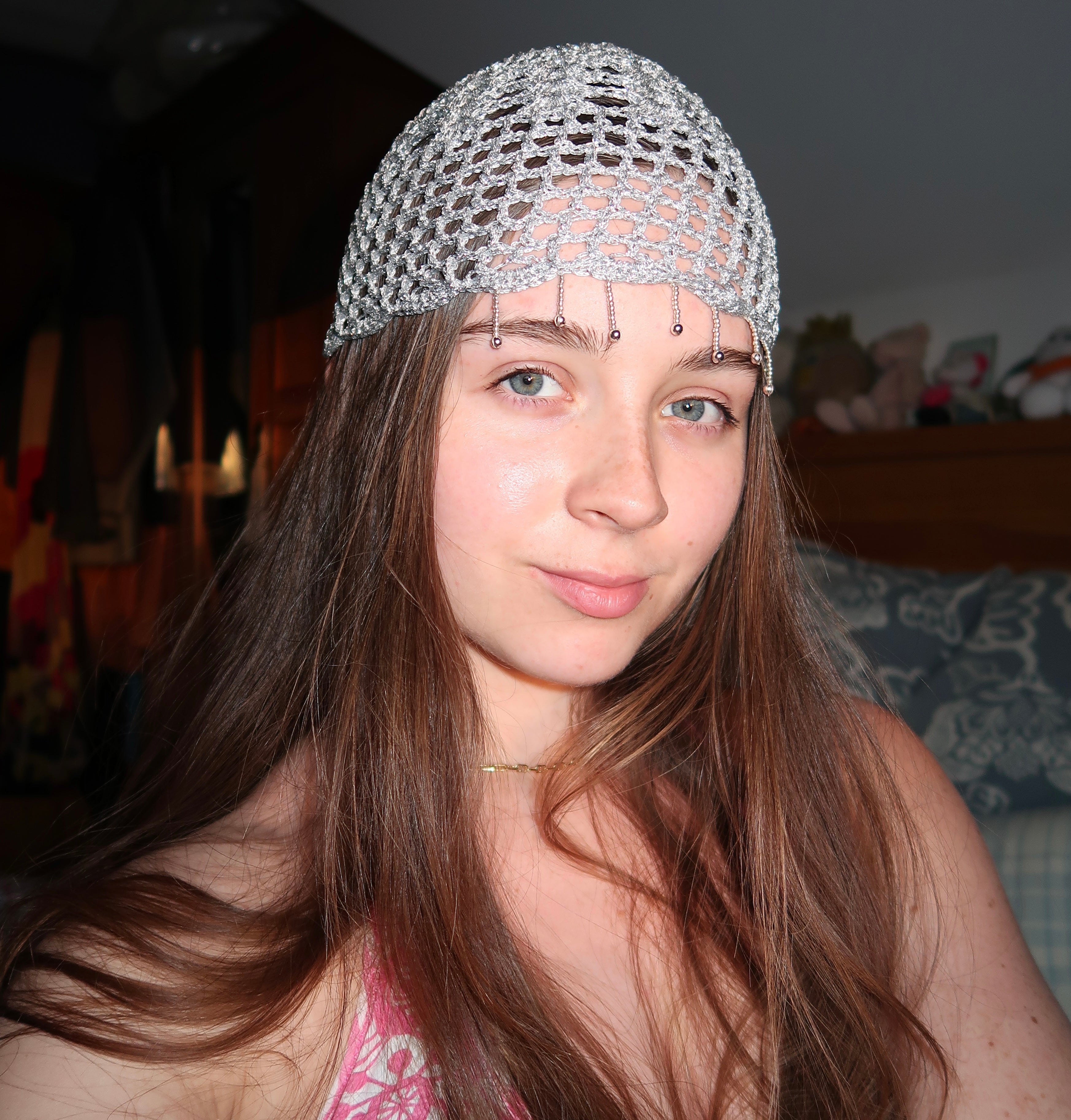 Silver sparkly beaded mesh hat