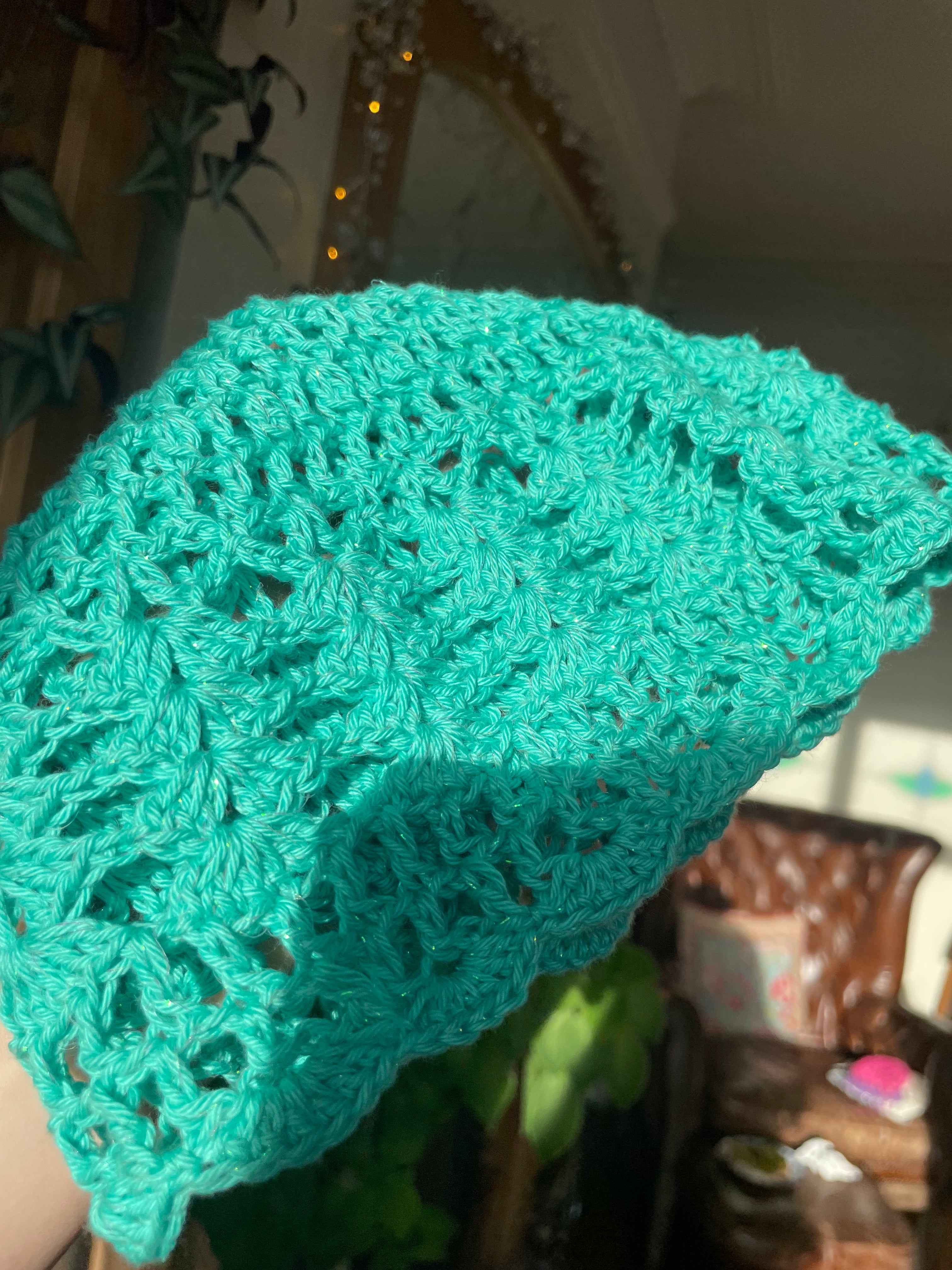 Mint green sparkly crochet mesh hat
