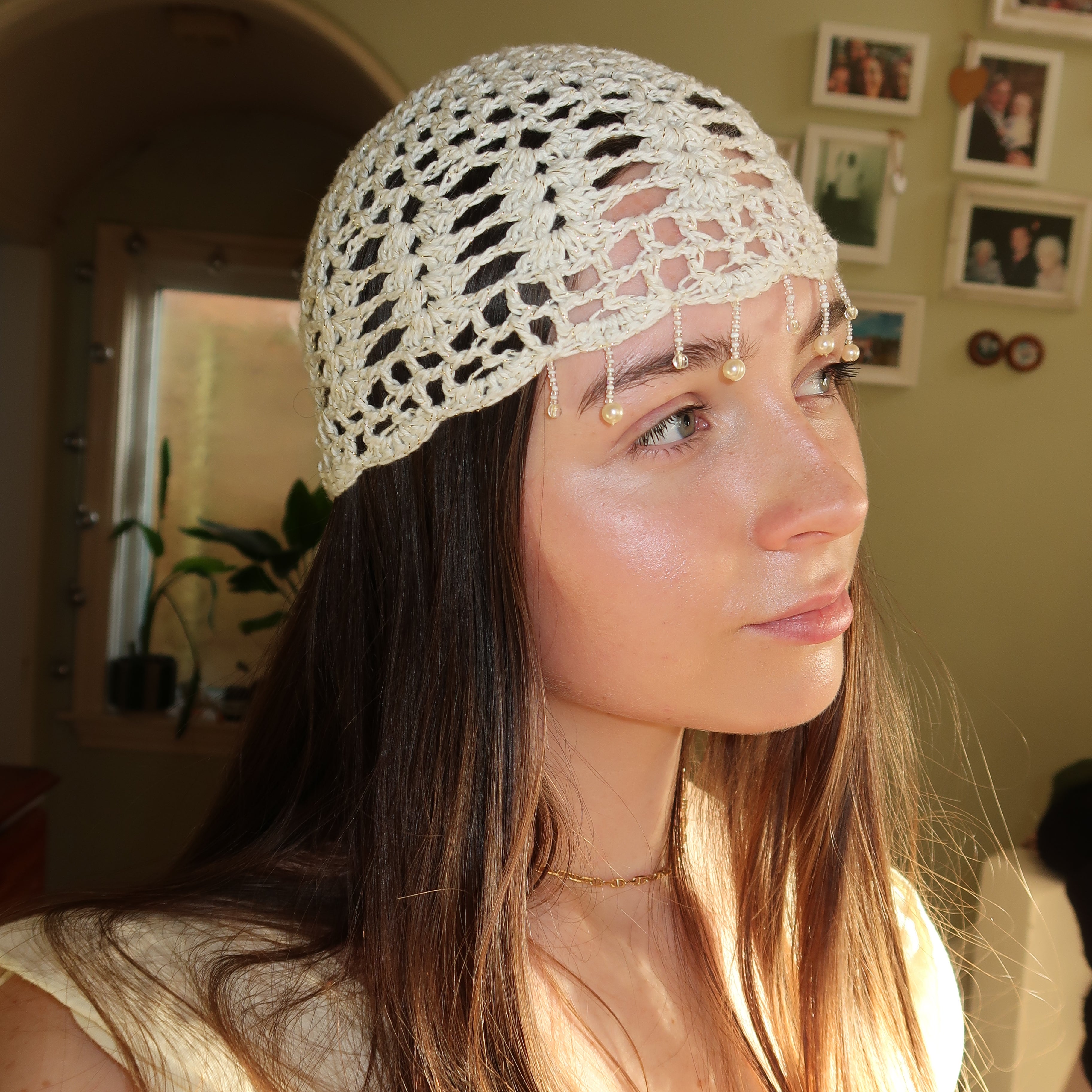 White and gold sparkly beaded crochet mesh hat