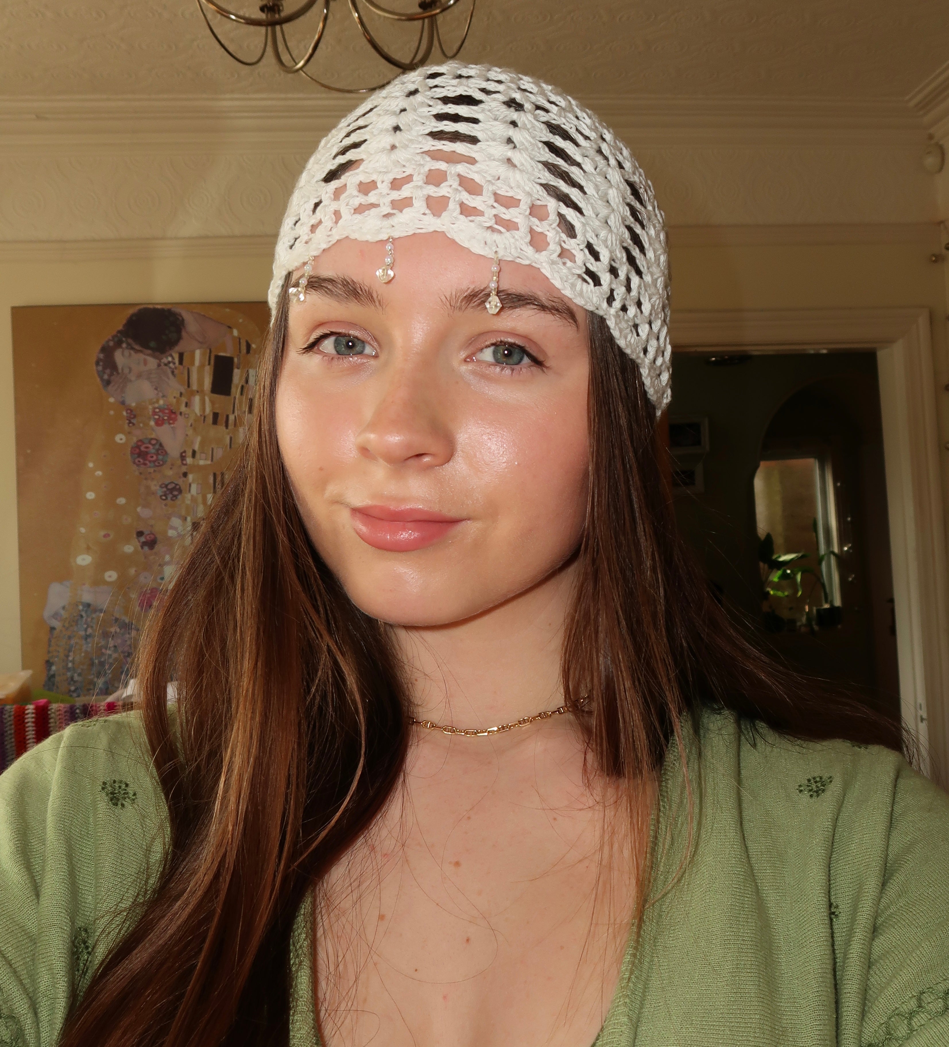 White beaded crochet mesh hat
