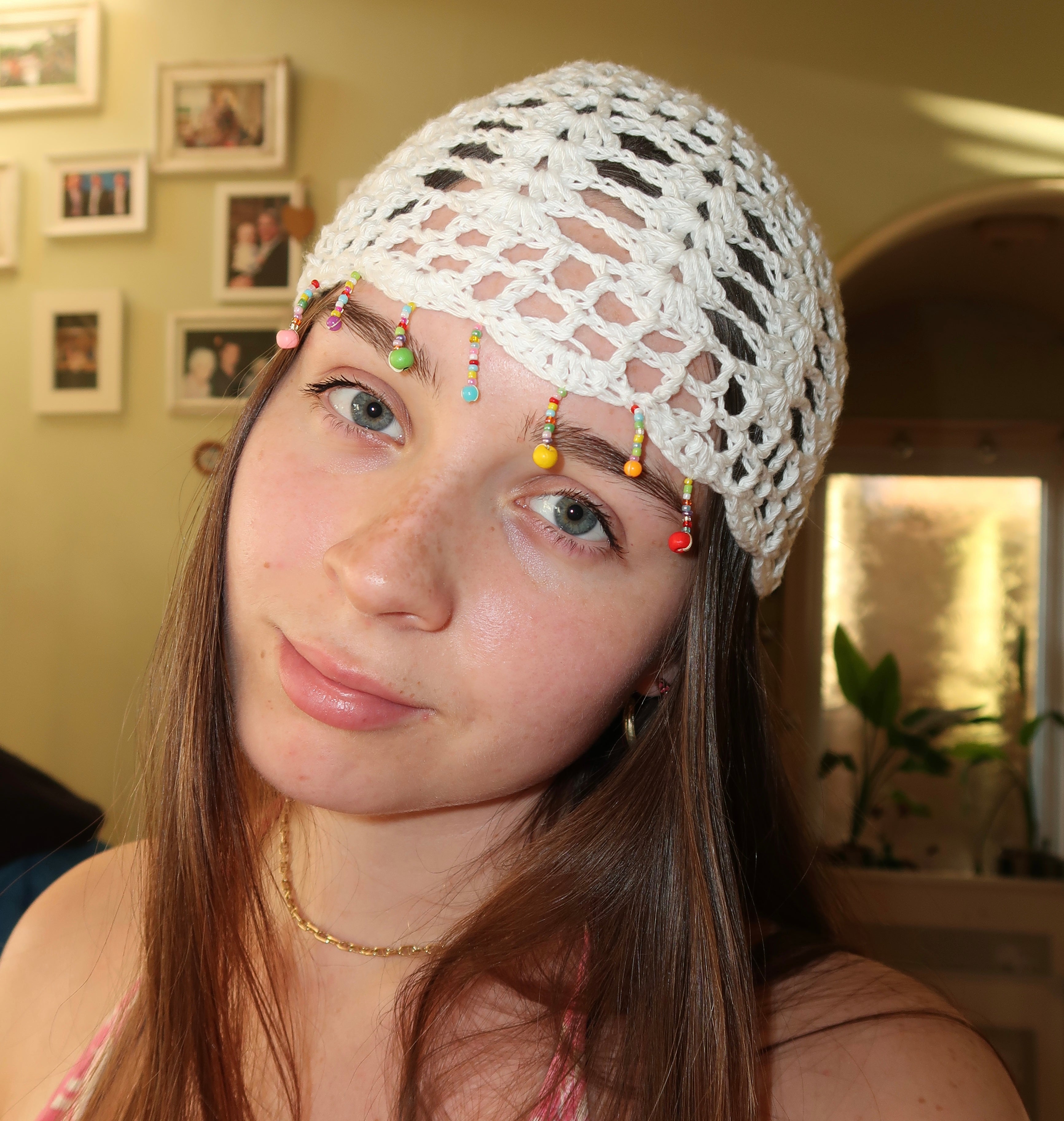 Crochet multicoloured beaded mesh hat