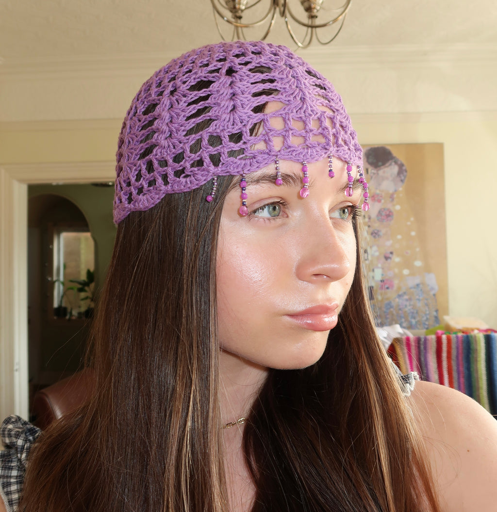 Purple sparkly beaded crochet mesh hat