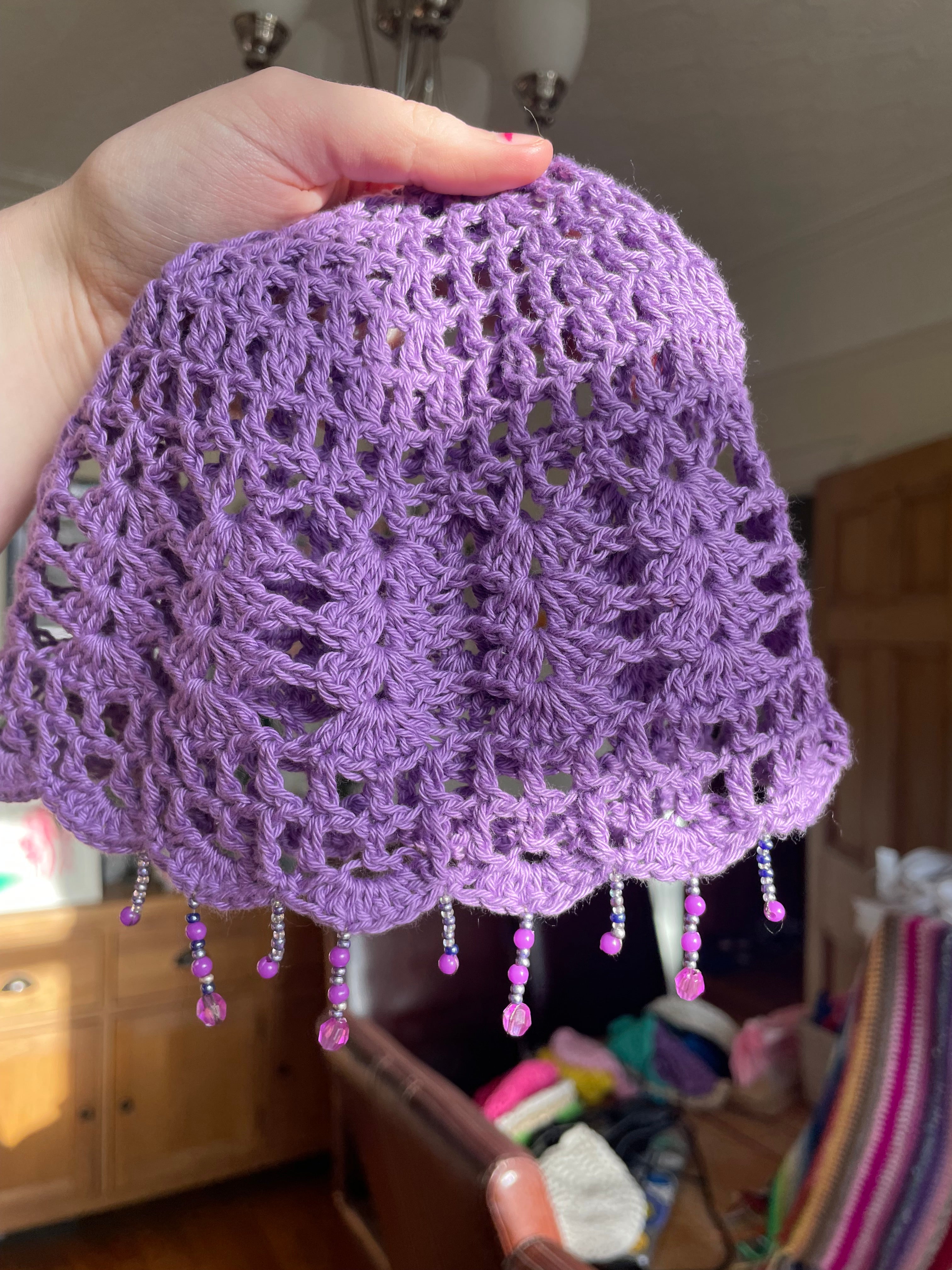 Purple sparkly beaded crochet mesh hat