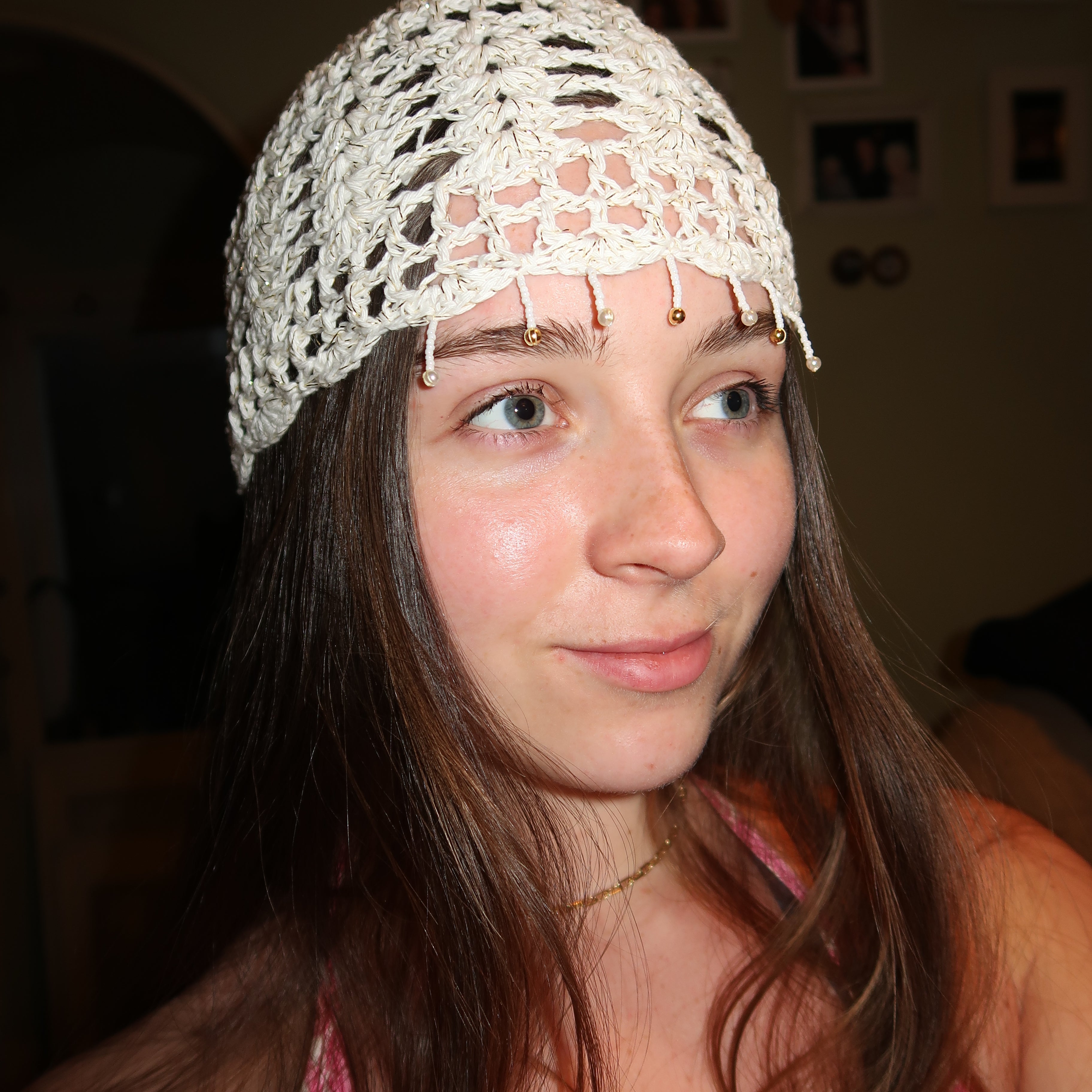 White and gold beaded sparkly mesh hat