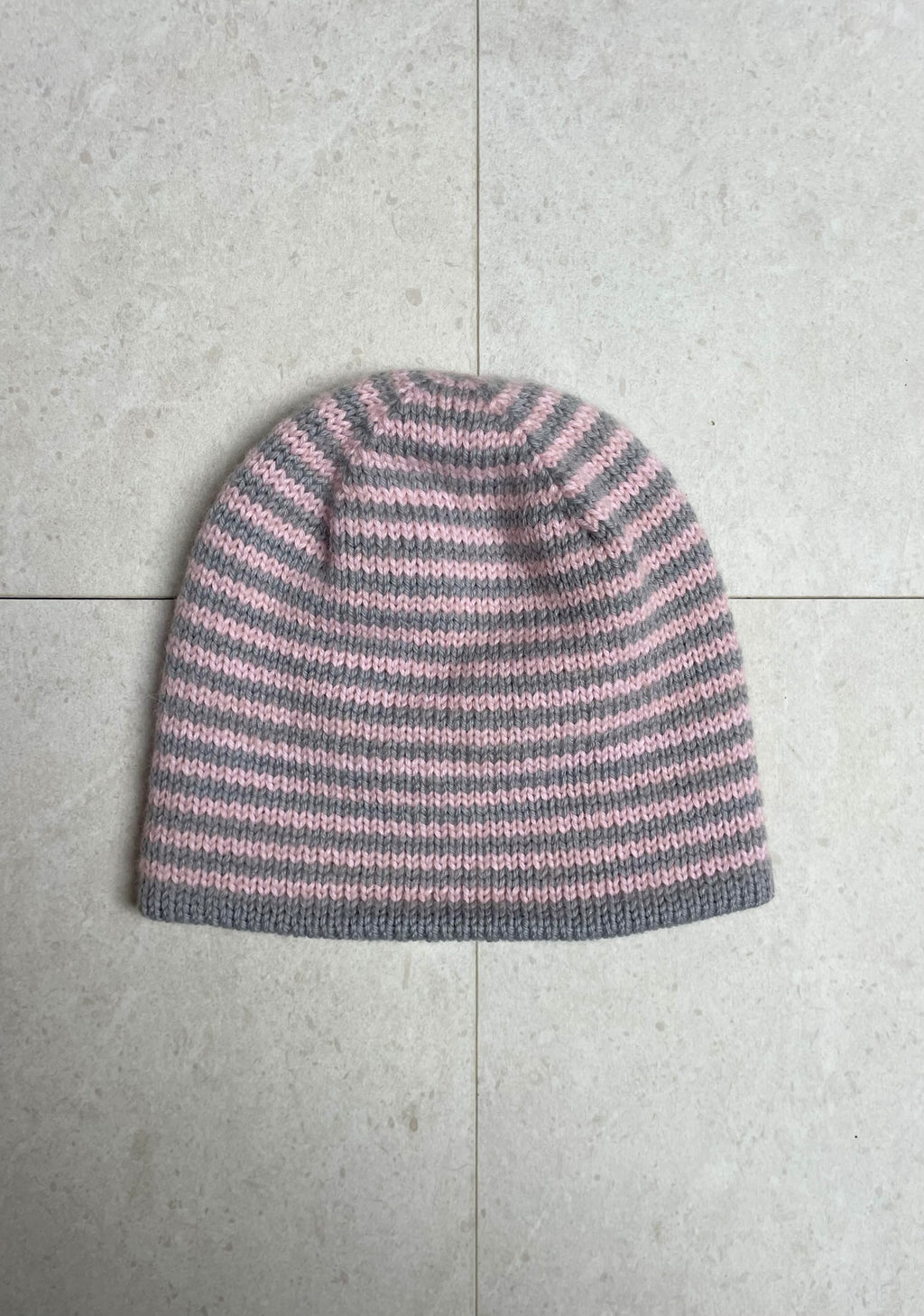Reversible pink and grey striped beanie