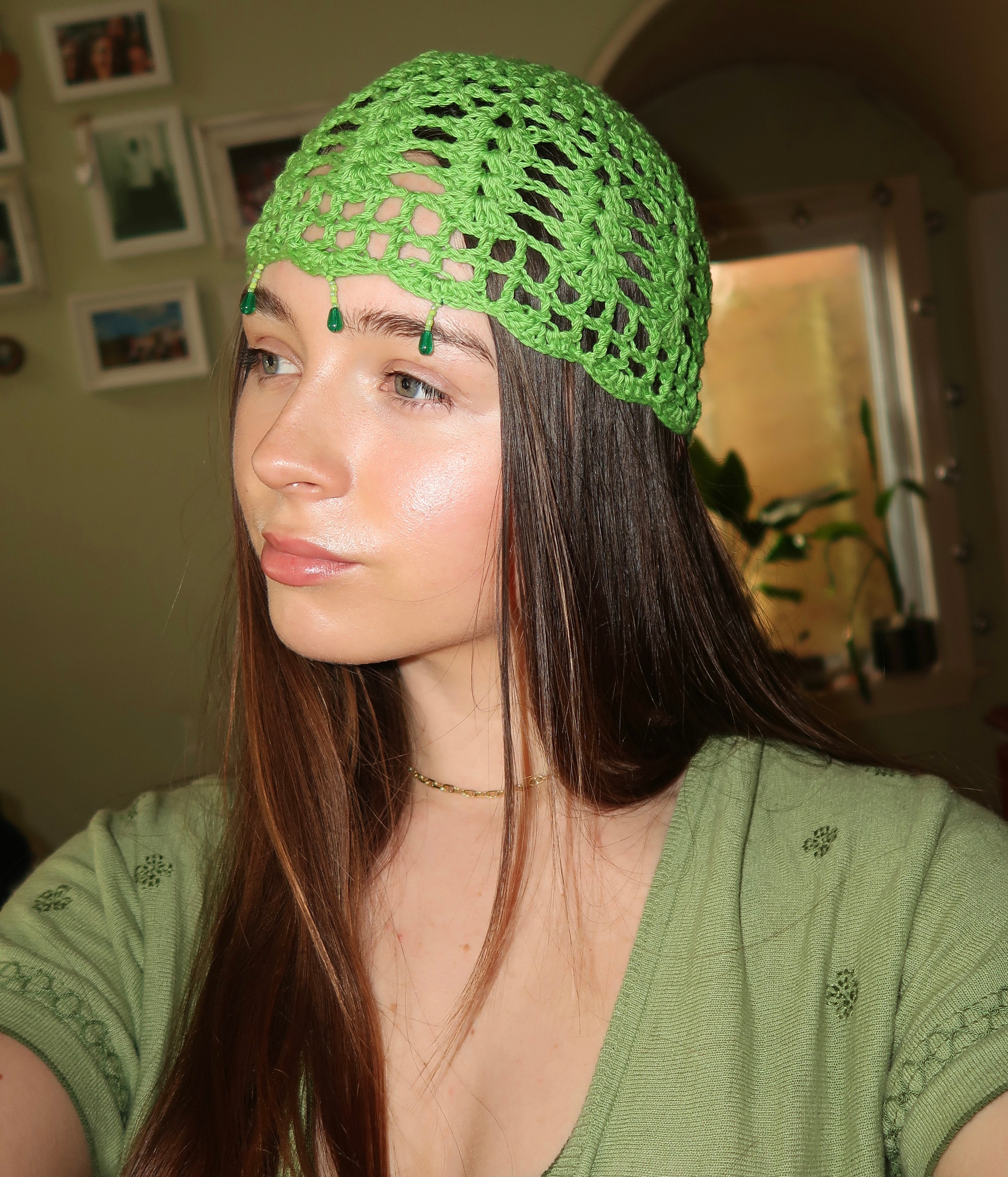 Green beaded crochet mesh hat