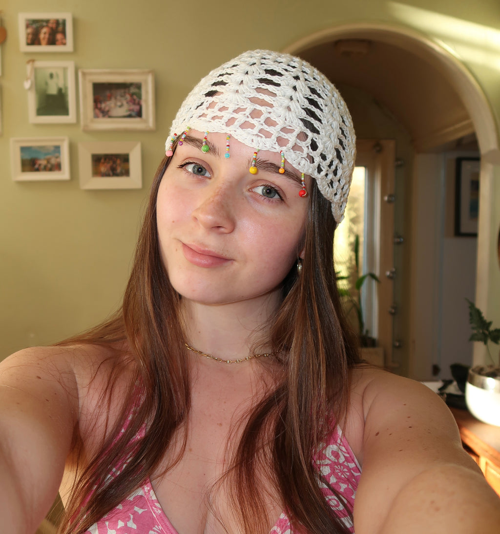 Crochet multicoloured beaded mesh hat