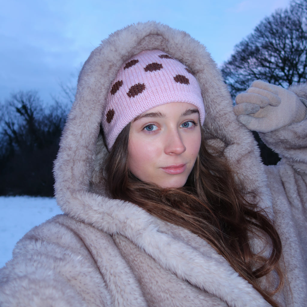 Pink beanie with brown polka dots
