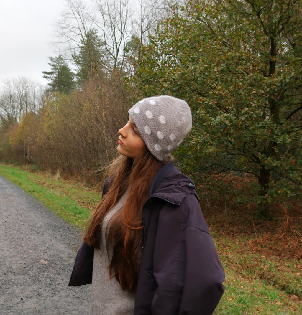 Grey and white polka dot beanie