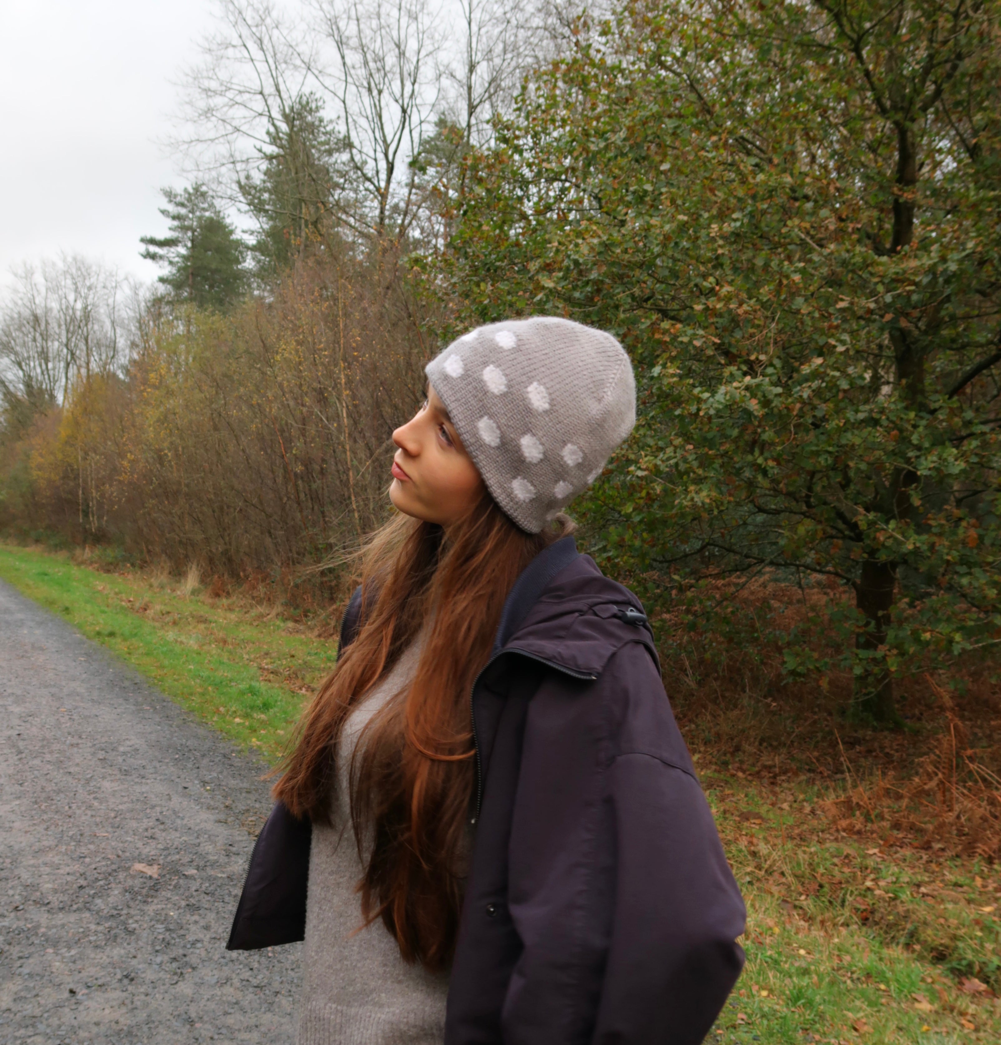 Grey and white polka dot beanie