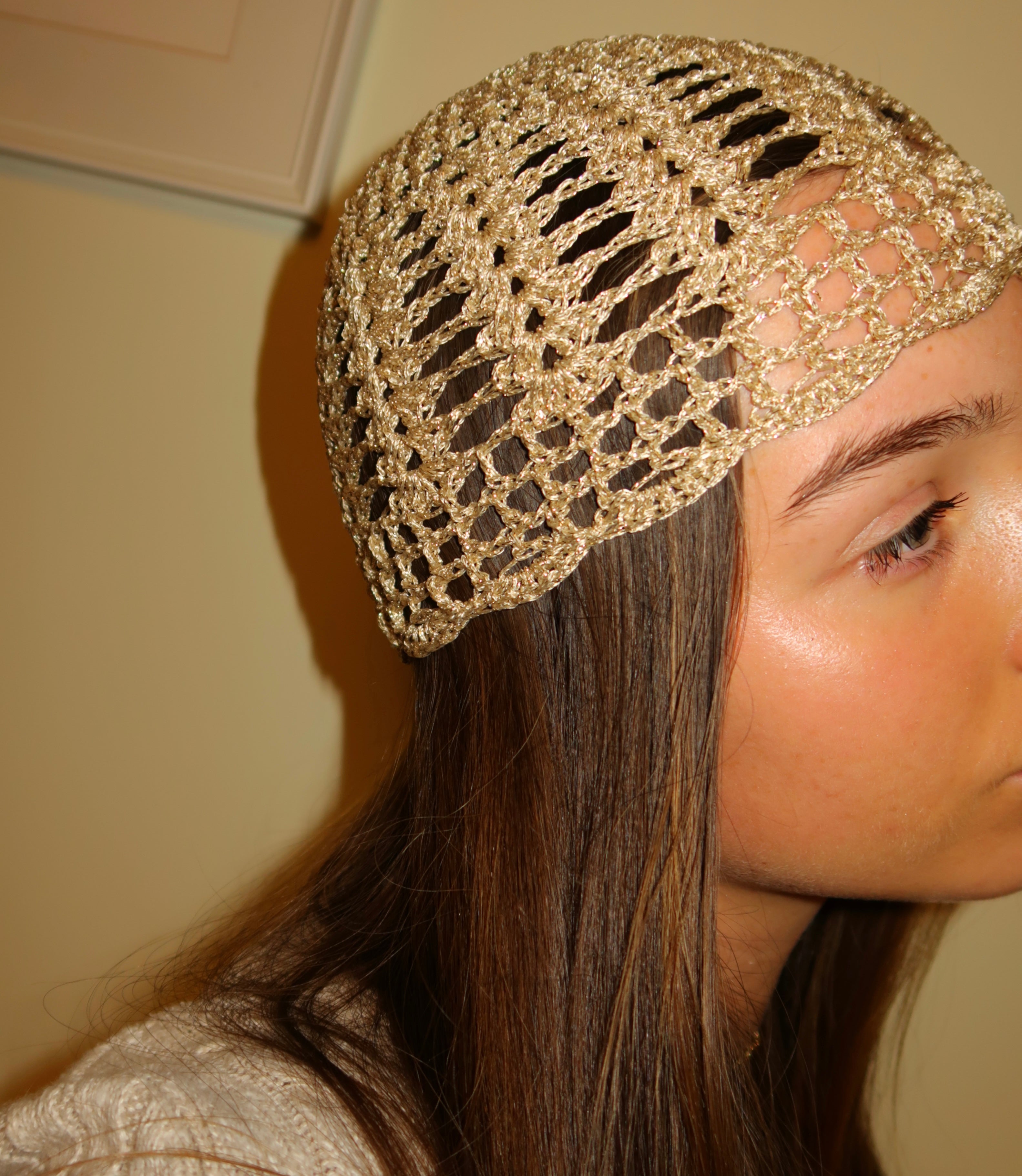 Gold fully detailed crochet mesh hat