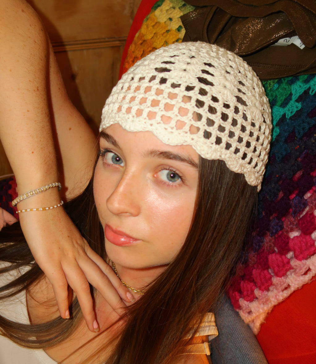 Cream crochet detailed mesh hat
